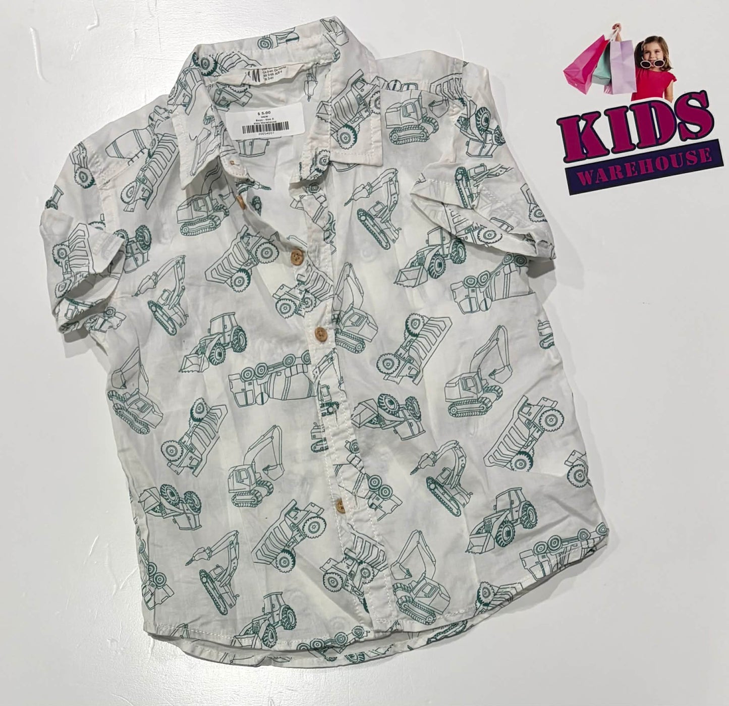 H&M White Top With Green Machinery Pattern Size 4