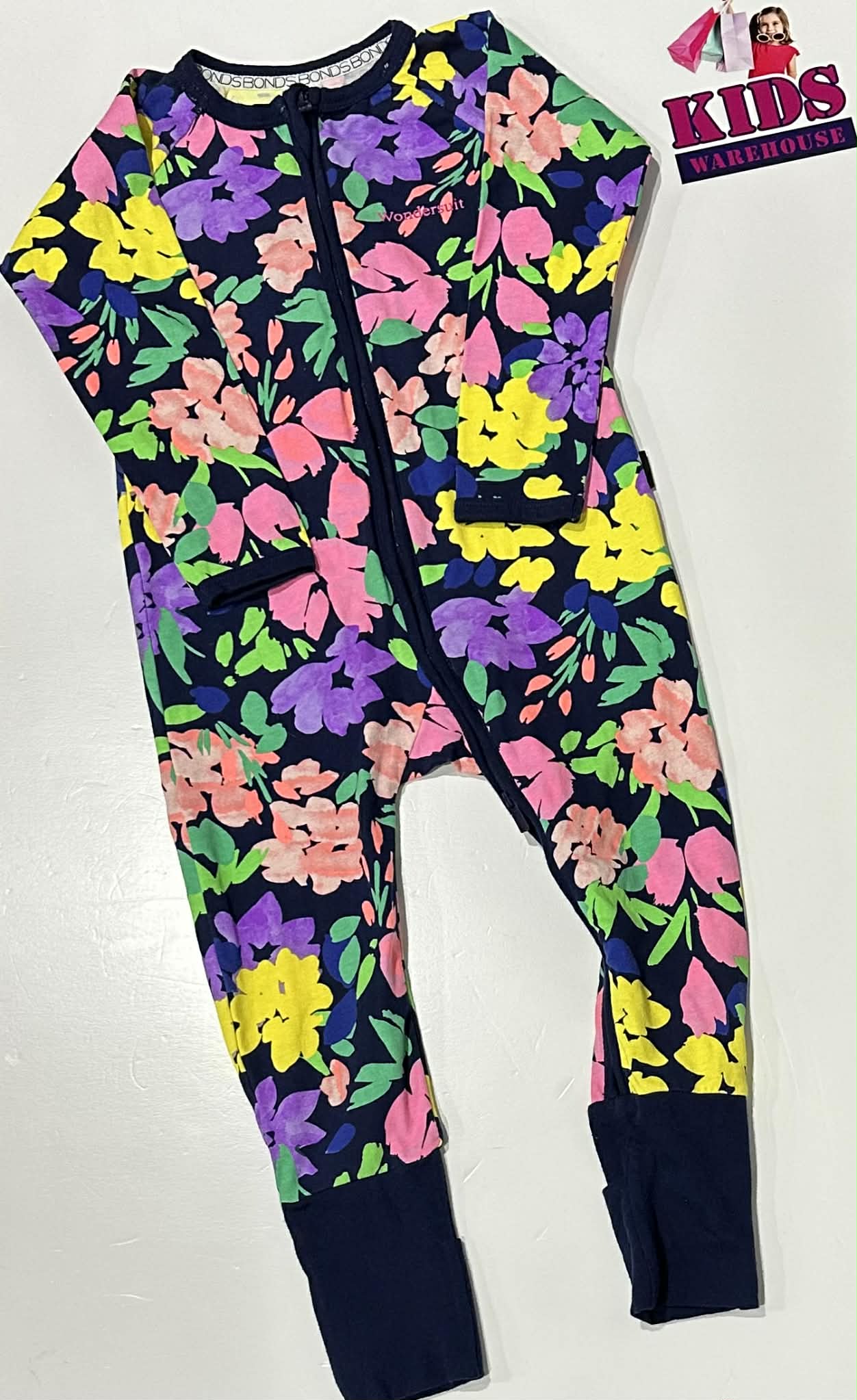 Bonds Dark Blue Wondersuit With Pink & Yellow Flower Pattern Size 2