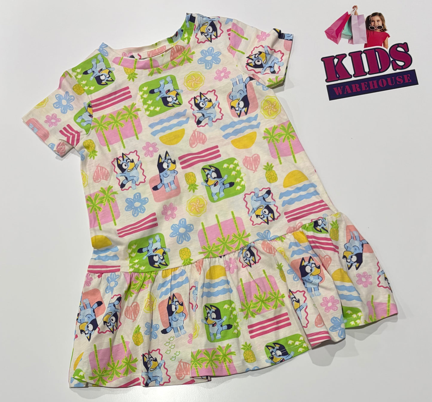Bluey White, Pink, Green Character Print Dress Size 3