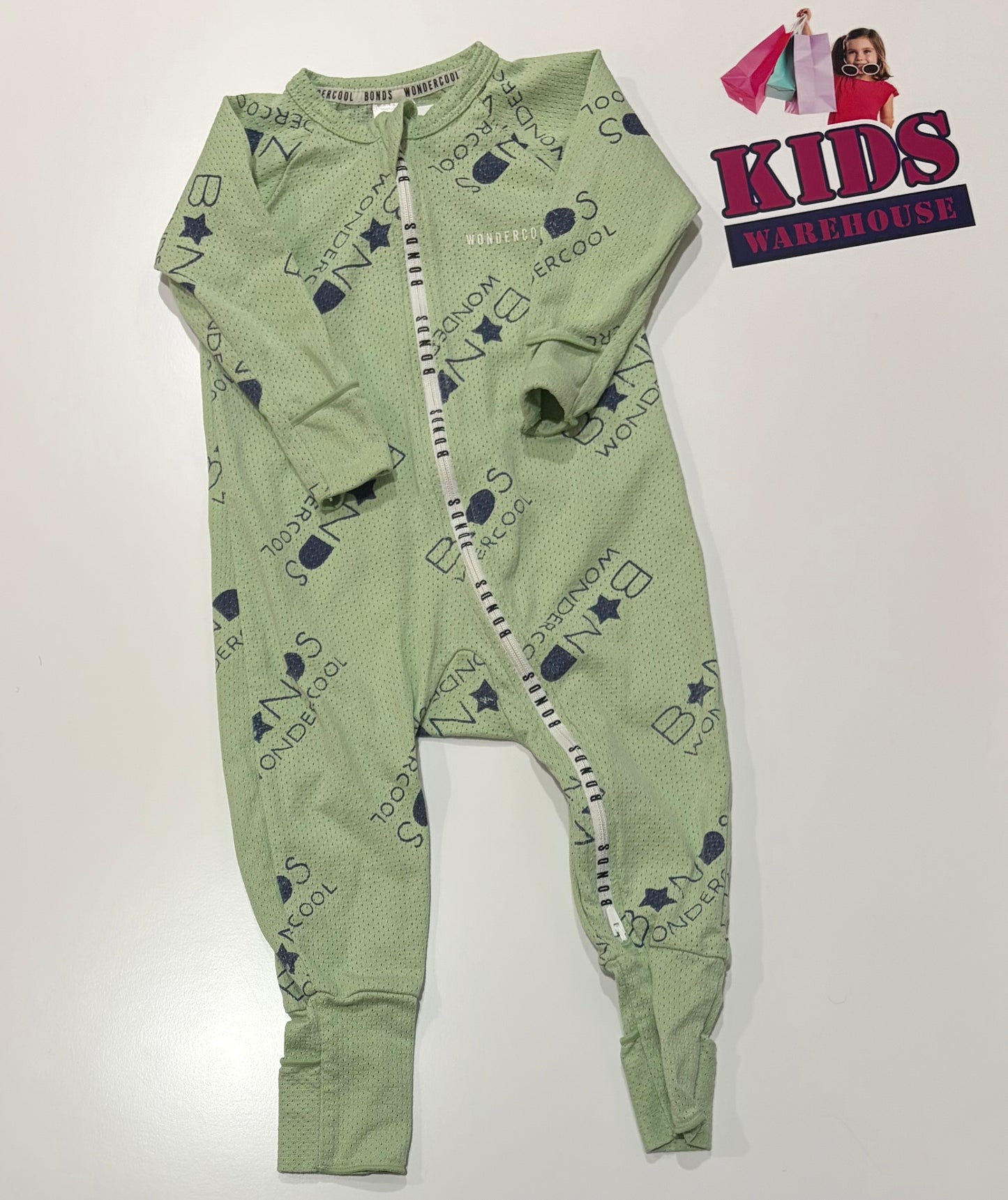 Bonds Wondersuit Green, Navy Logo Print Jumpsuit Size 0