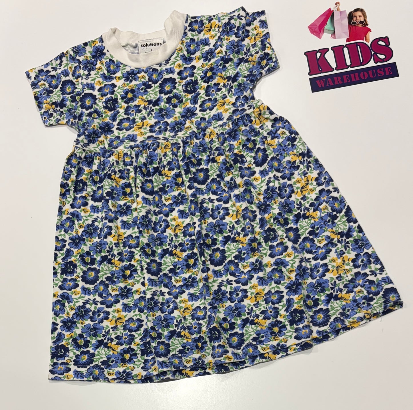 Solutions White, Blue Floral Print Dress Size 4