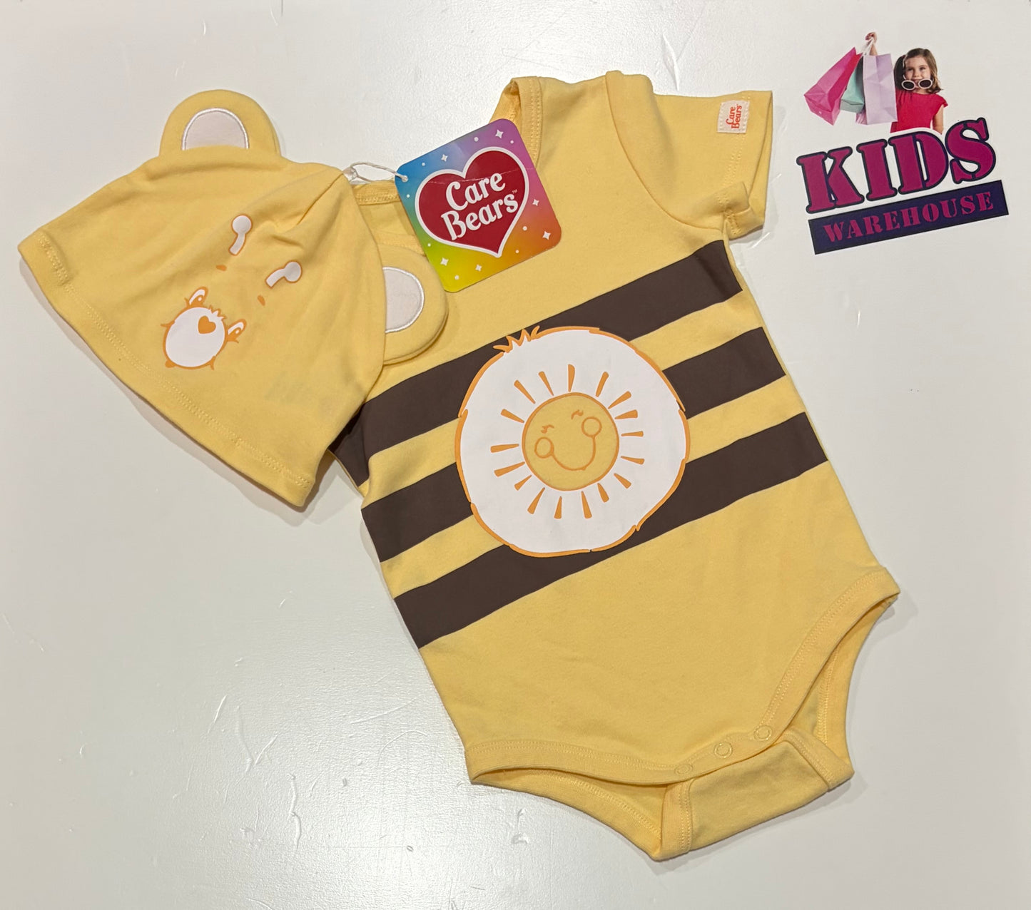 Not Used Care Bears Yellow, Brown Stripe Print Bodysuit & Beanie 2 Piece Set Size 1