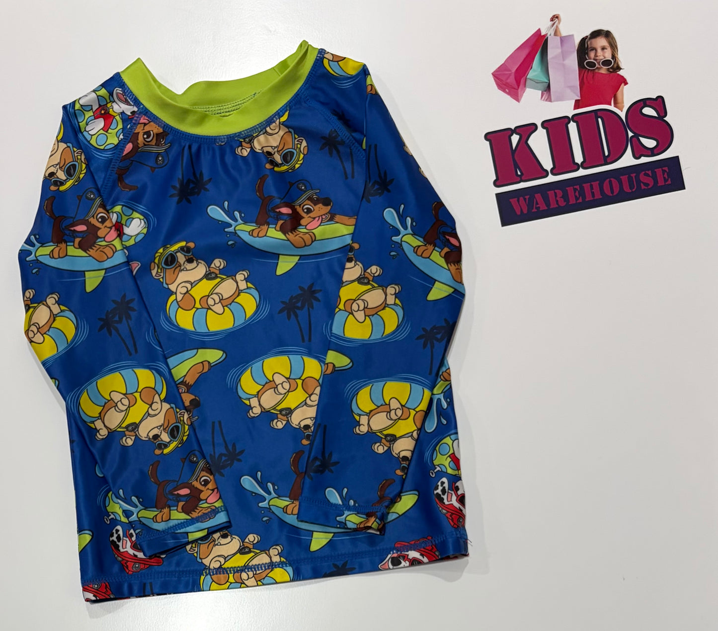 Paw Patrol Blue, Green, Characters Print Swim Rashie Top Size 3