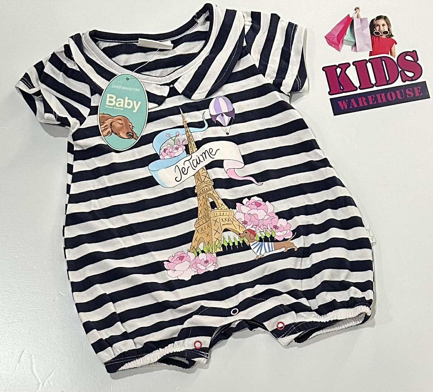 New Peter Alexander White & Navy Blue Bodysuit With Eiffel Tower Print Size 000