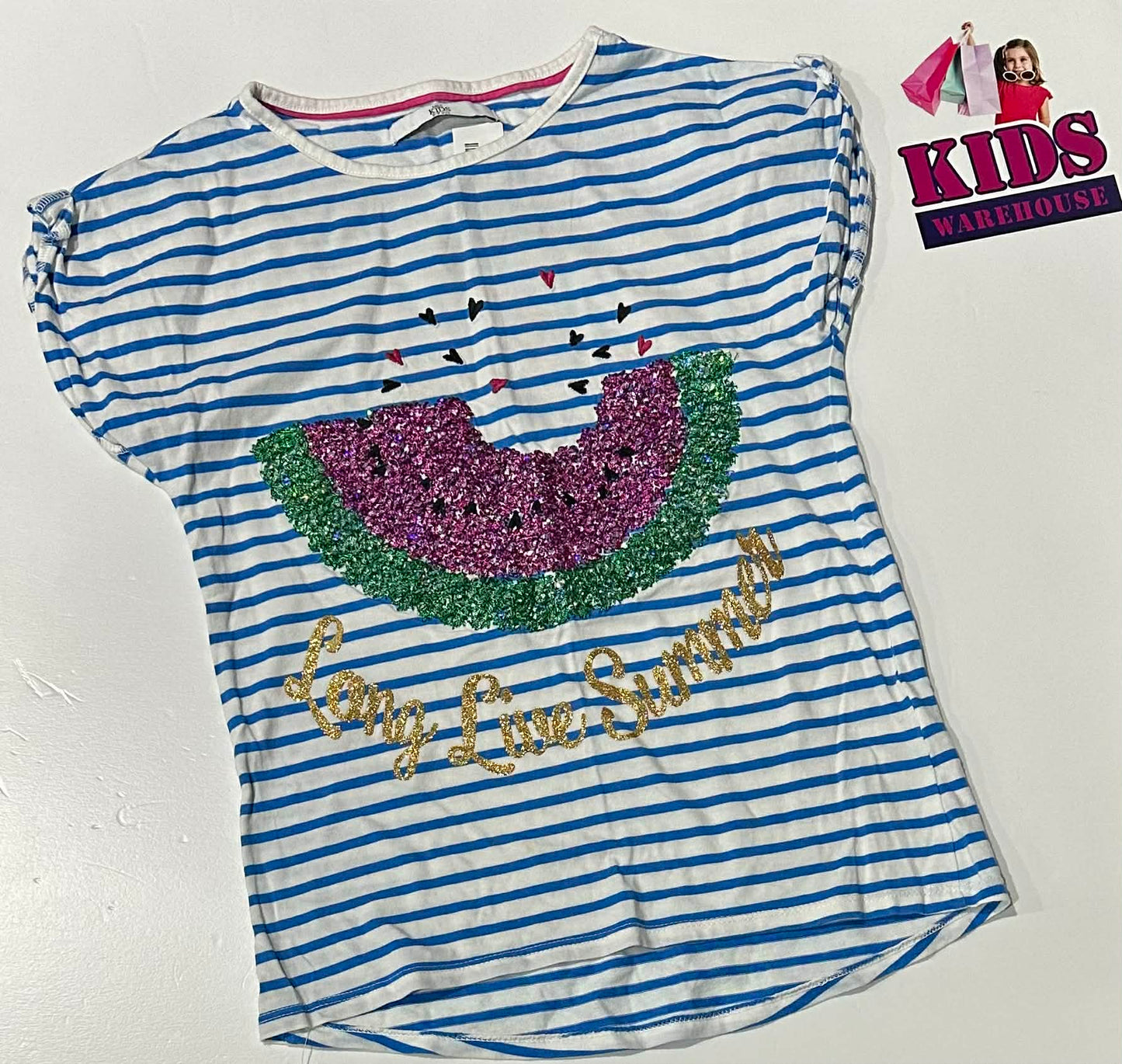 M&S Blue & White Top With Sparkly Watermelon Print Size 8-9