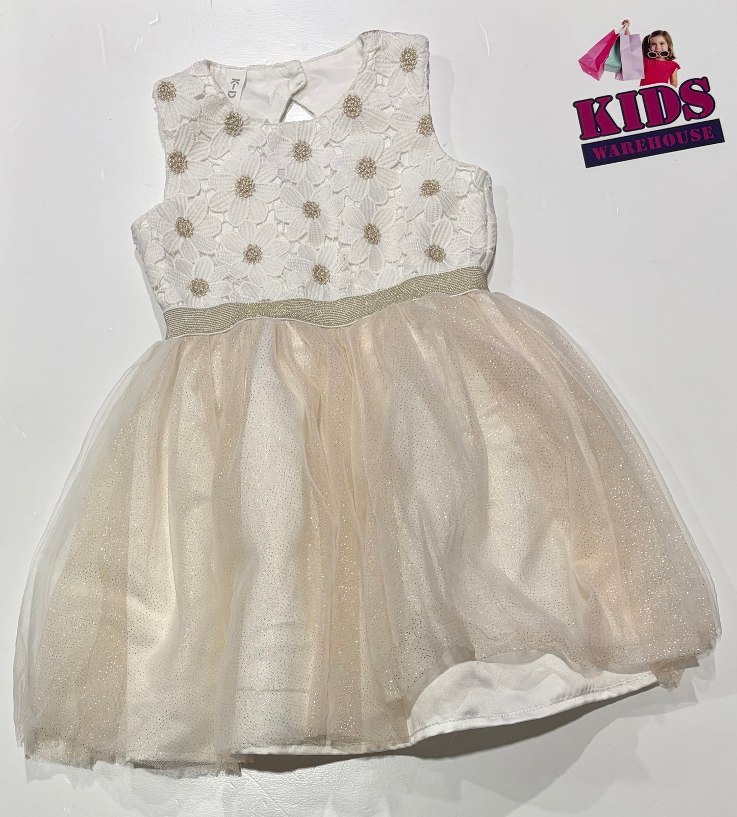 K-D White, Pearl Shimmer Flower Dress Size 2