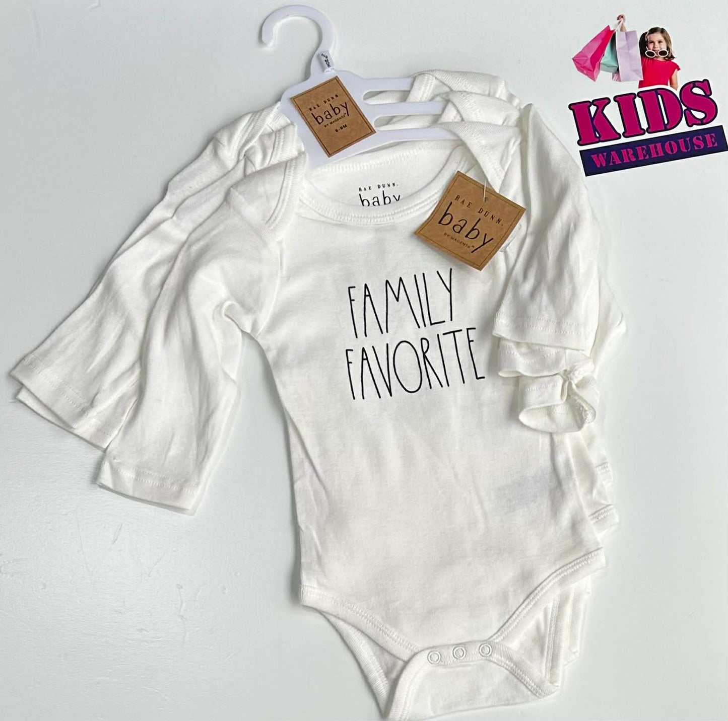 Rae Dunn Baby 2 White Bodysuit Set With “Family Favourate” Print Size 0