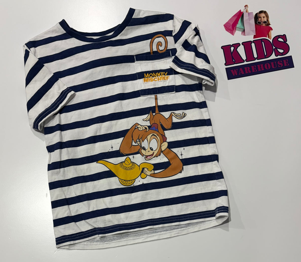 Disney Aladdin Navy, White Stripe, Monkey Print Top Size 5