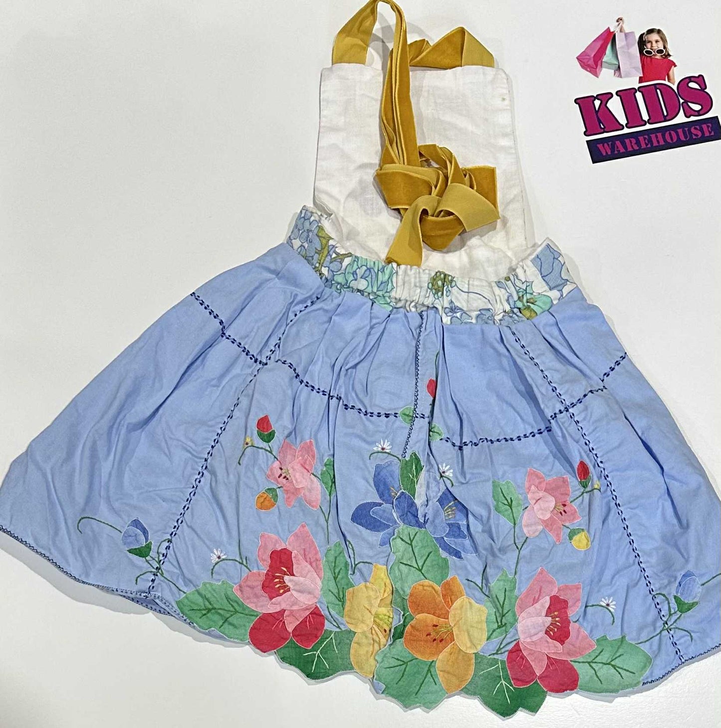 Handmade Blue & White Dress With Flower Pattern Size 3