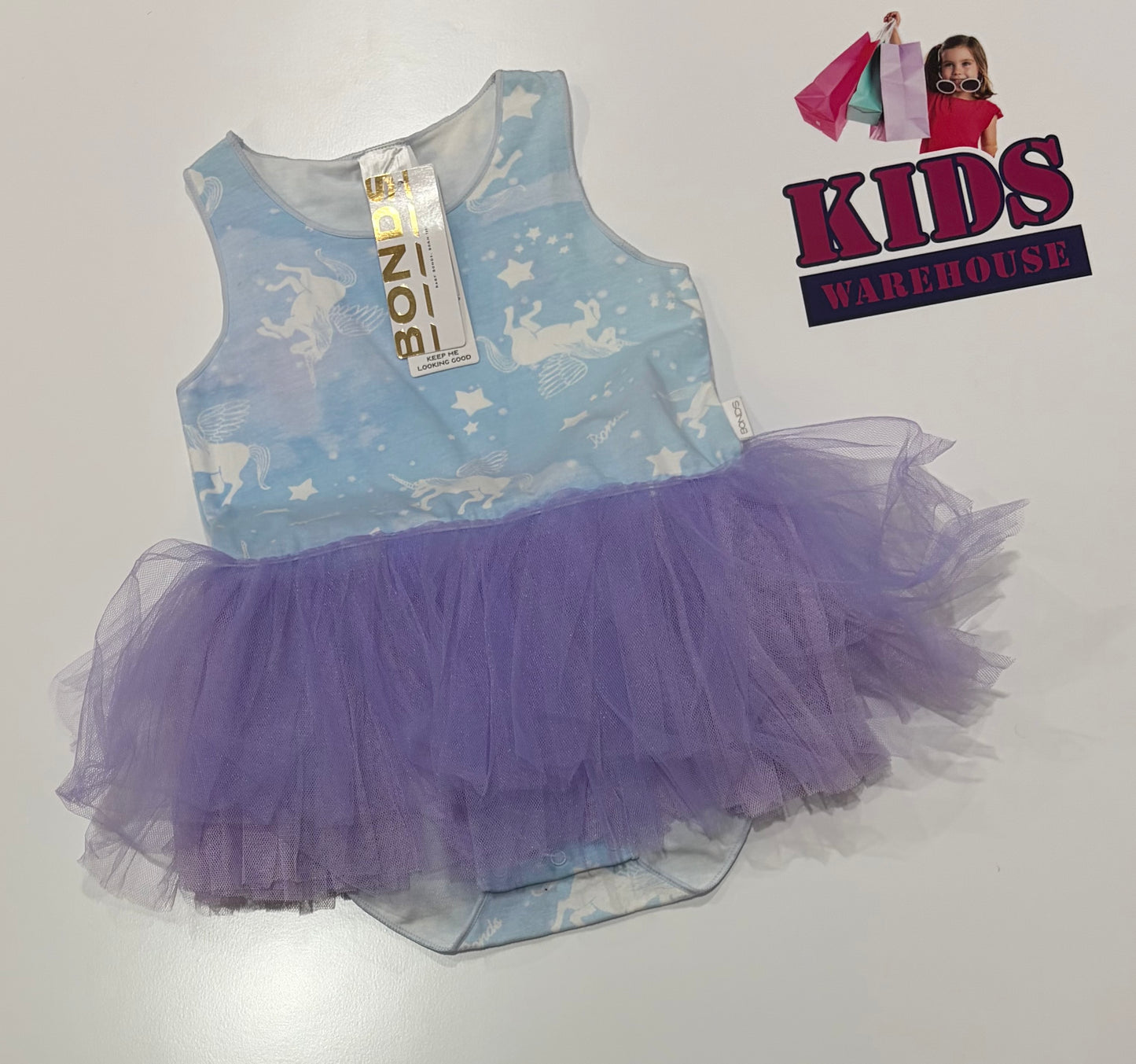 Not Used Bonds Blue, White Unicorn Print Purple Skirted Bodysuit Size 2