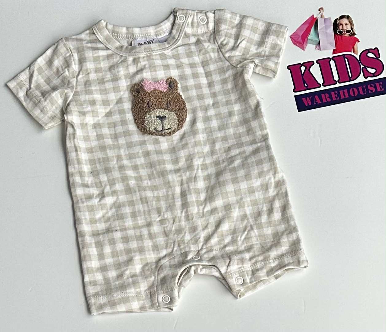 Cotton-On Baby Cream, White Check Bear Print Jumpsuit Size 0000