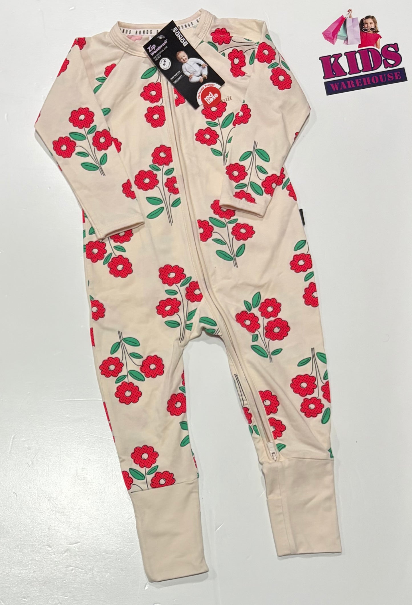Not Used Bonds Wondersuit Cream, Red Flower Print Jumpsuit Size 1