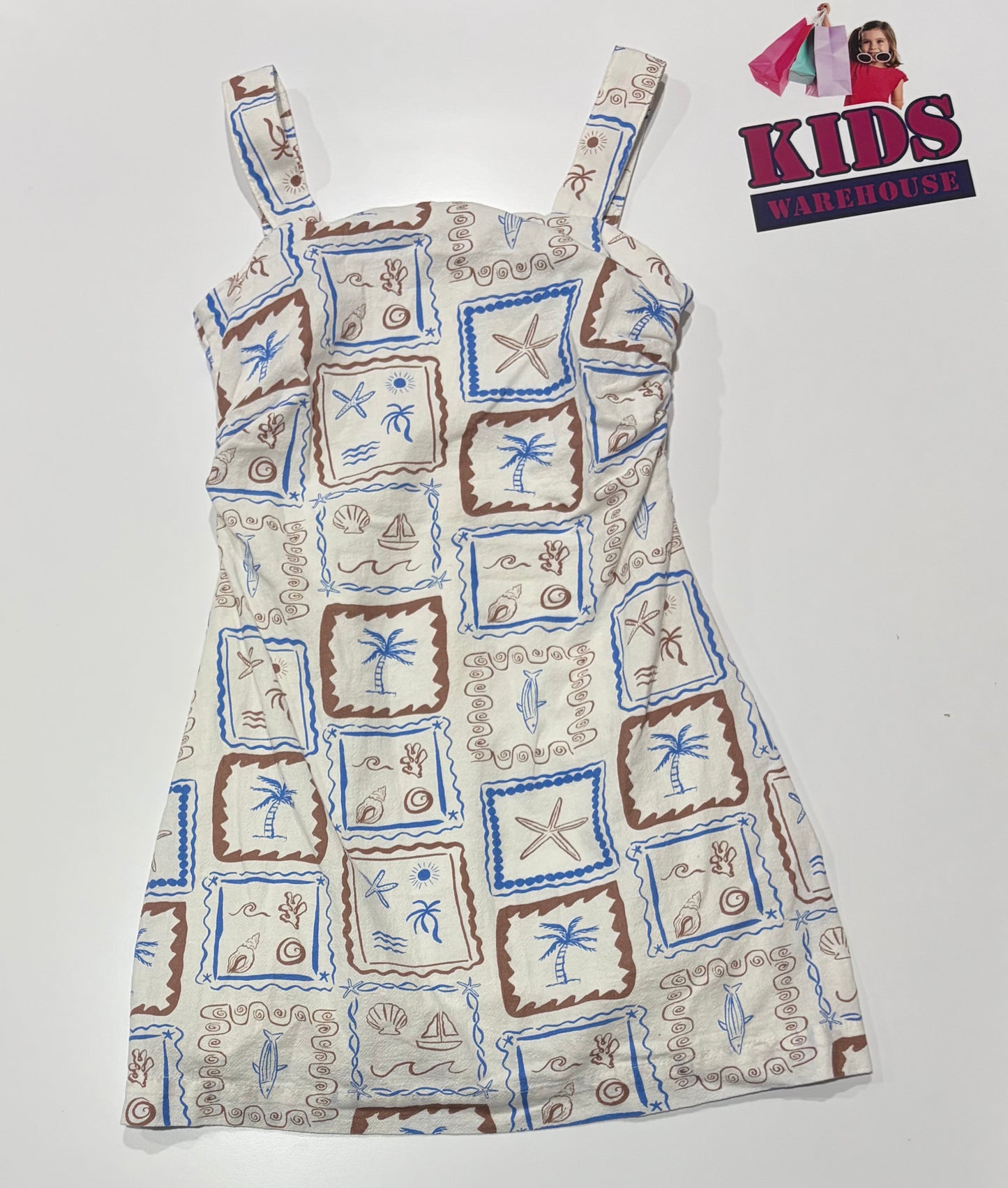 Seed White, Brown, Blue Beach Frame Print Dress Size 10