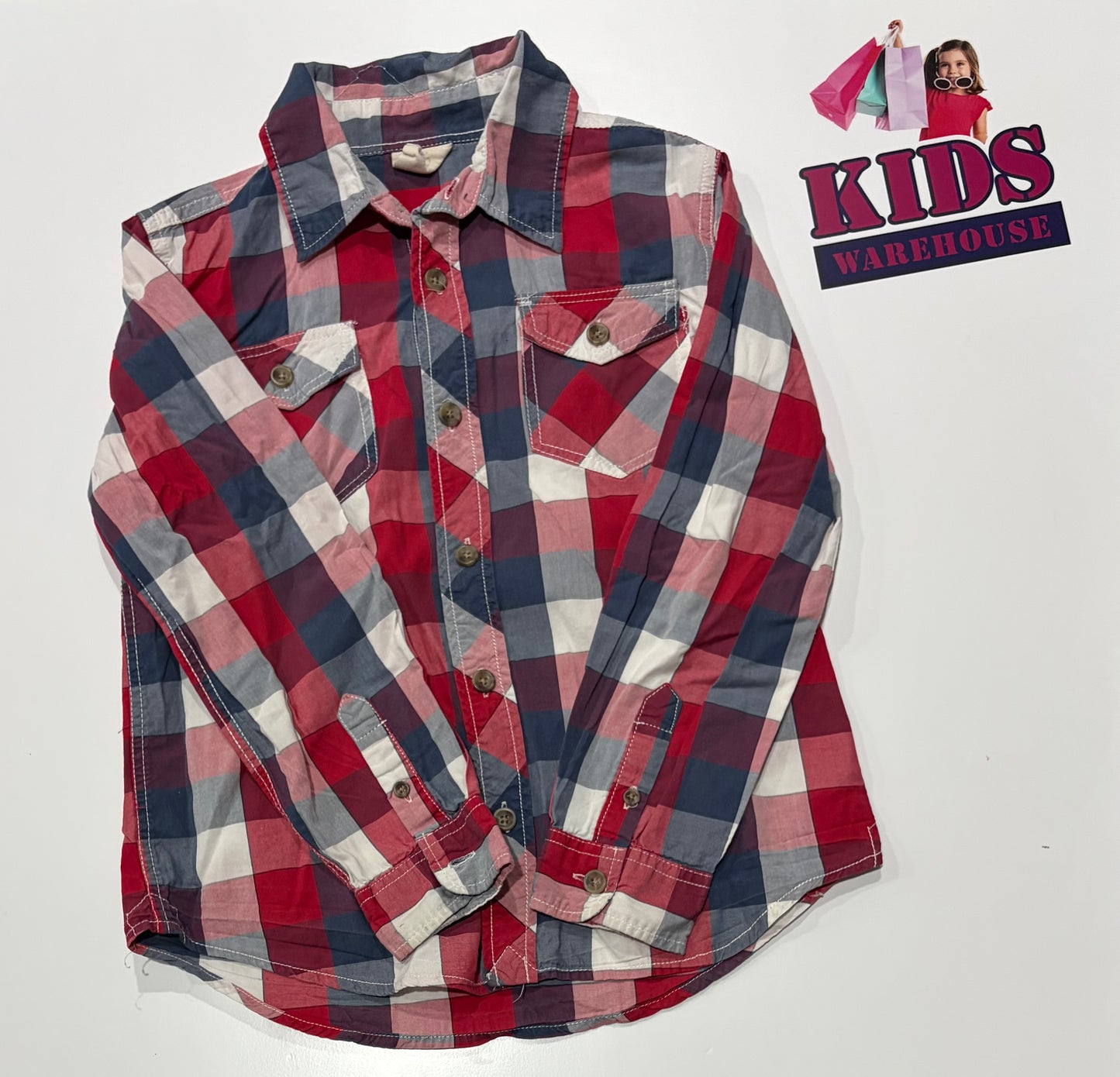 Cotton On White, Red, Navy Check Print Top Size 8