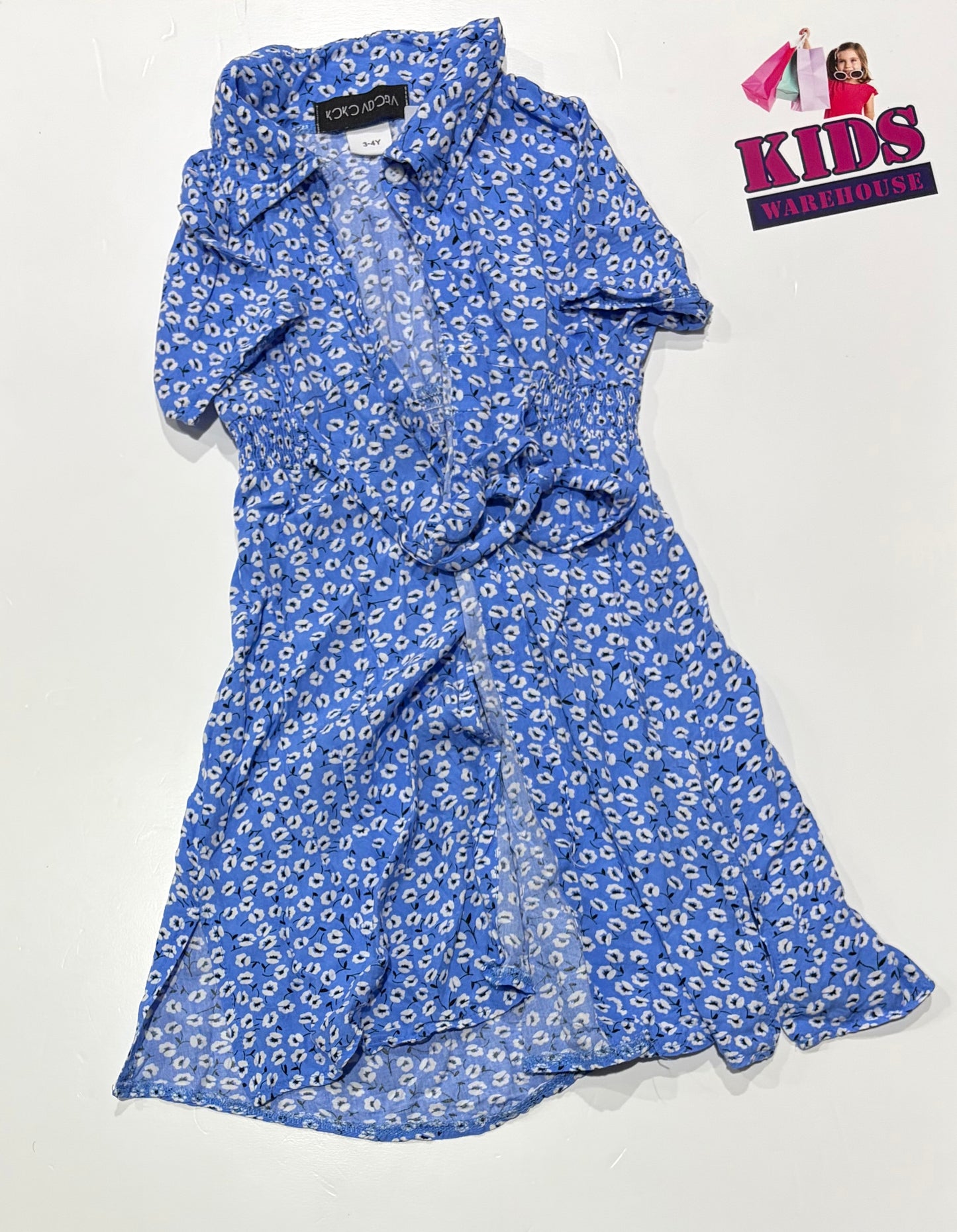 Koko Adora Blue, White Flower Print Tie Up Dress Size 3