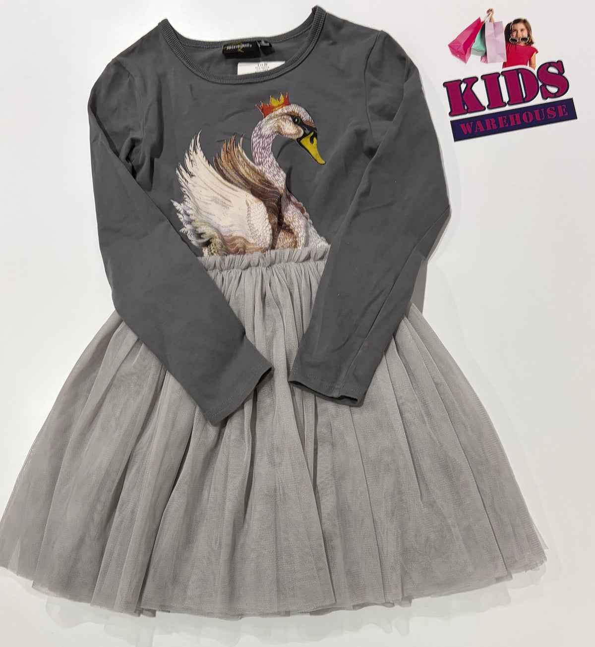 Rock Your Kid Grey Swan Print Dress 8