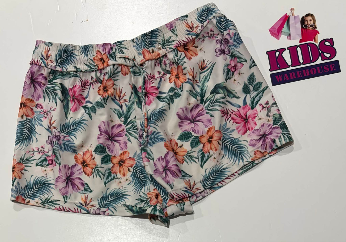 Piping Hot White Shorts With Purple & Green Flower Pattern Size 10