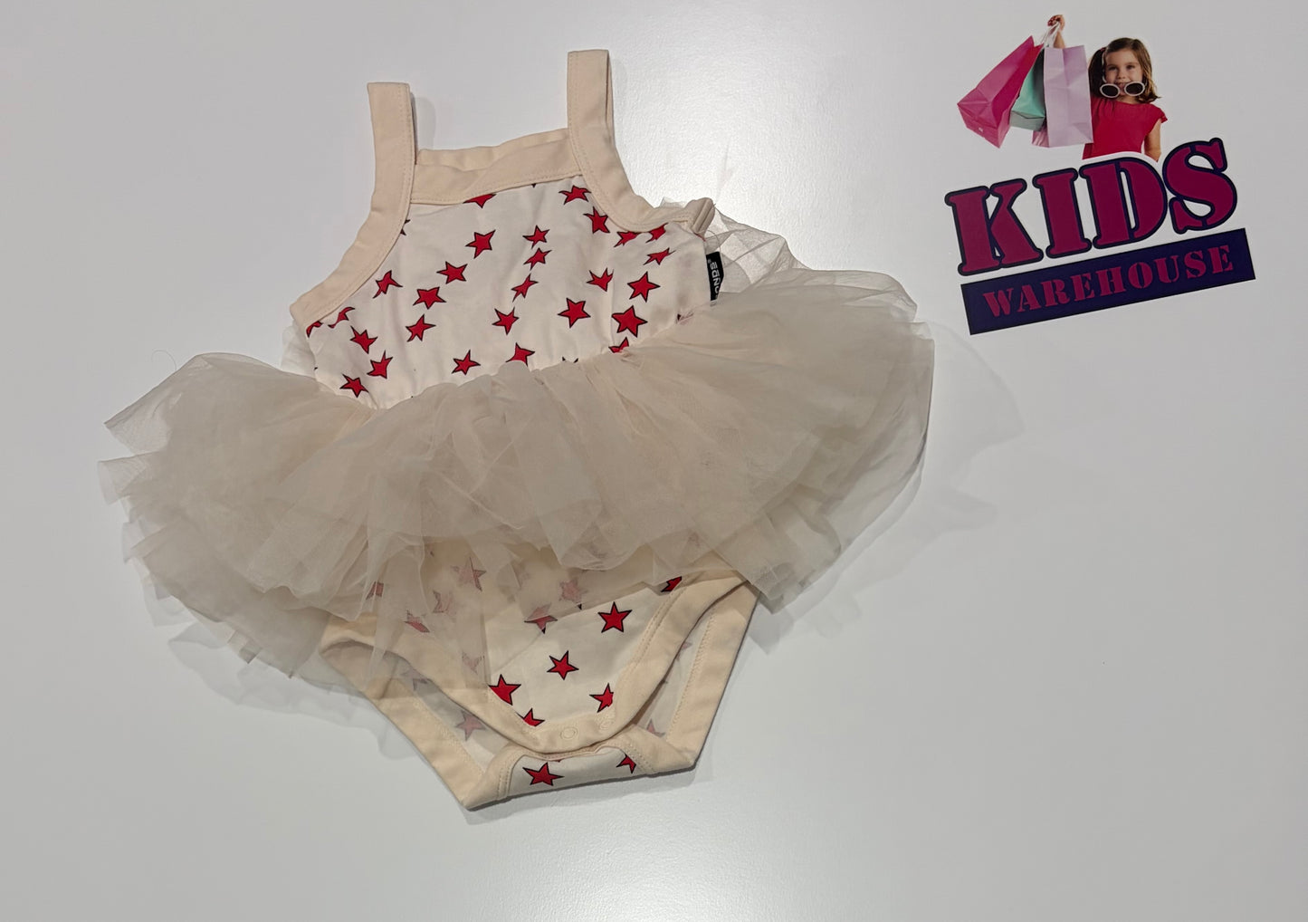 Bonds Cream, Red Star Print Skirted Bodysuit Size 00