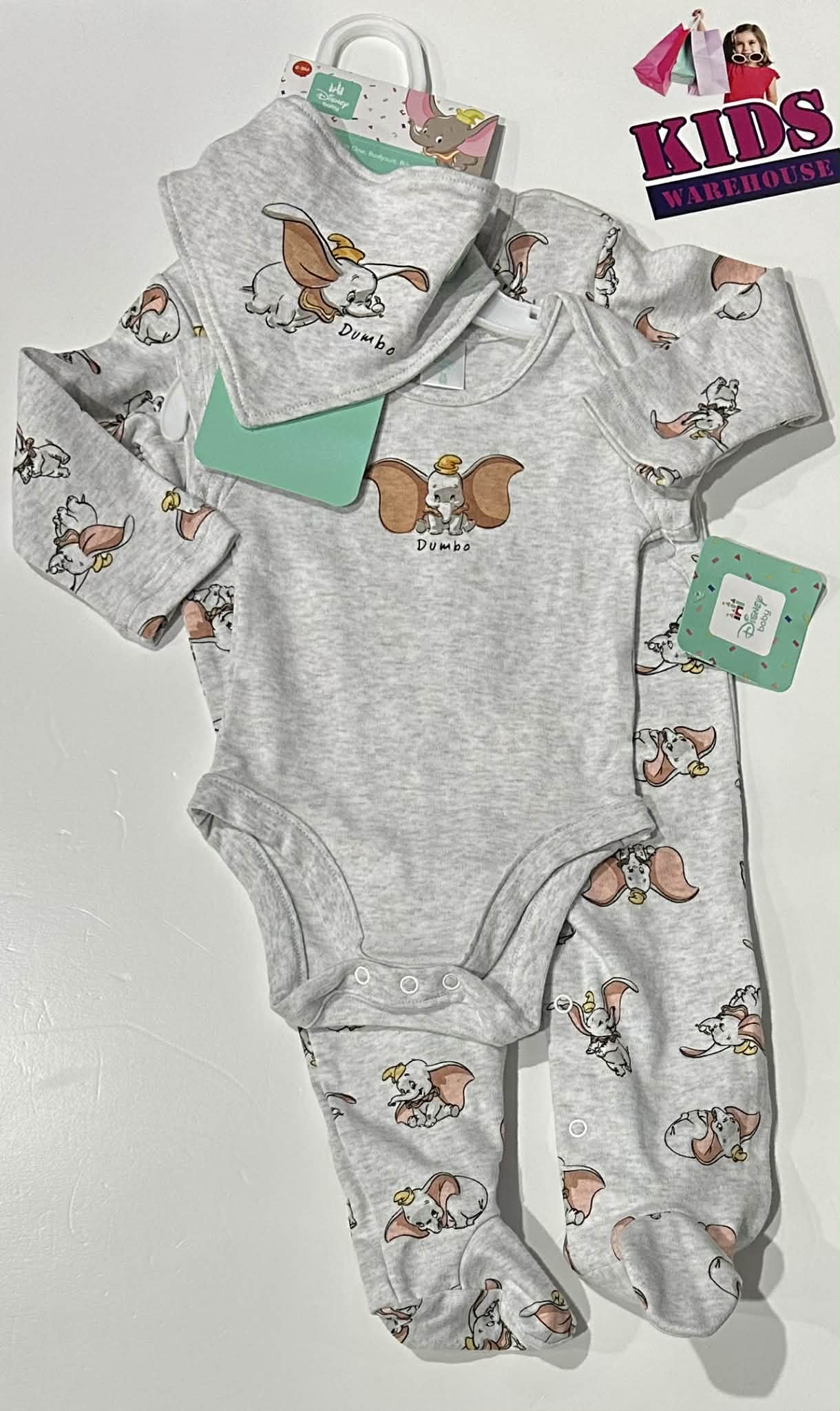 New Disney Baby Grey 3 Piece Set With Dumbo Pattern Size 0