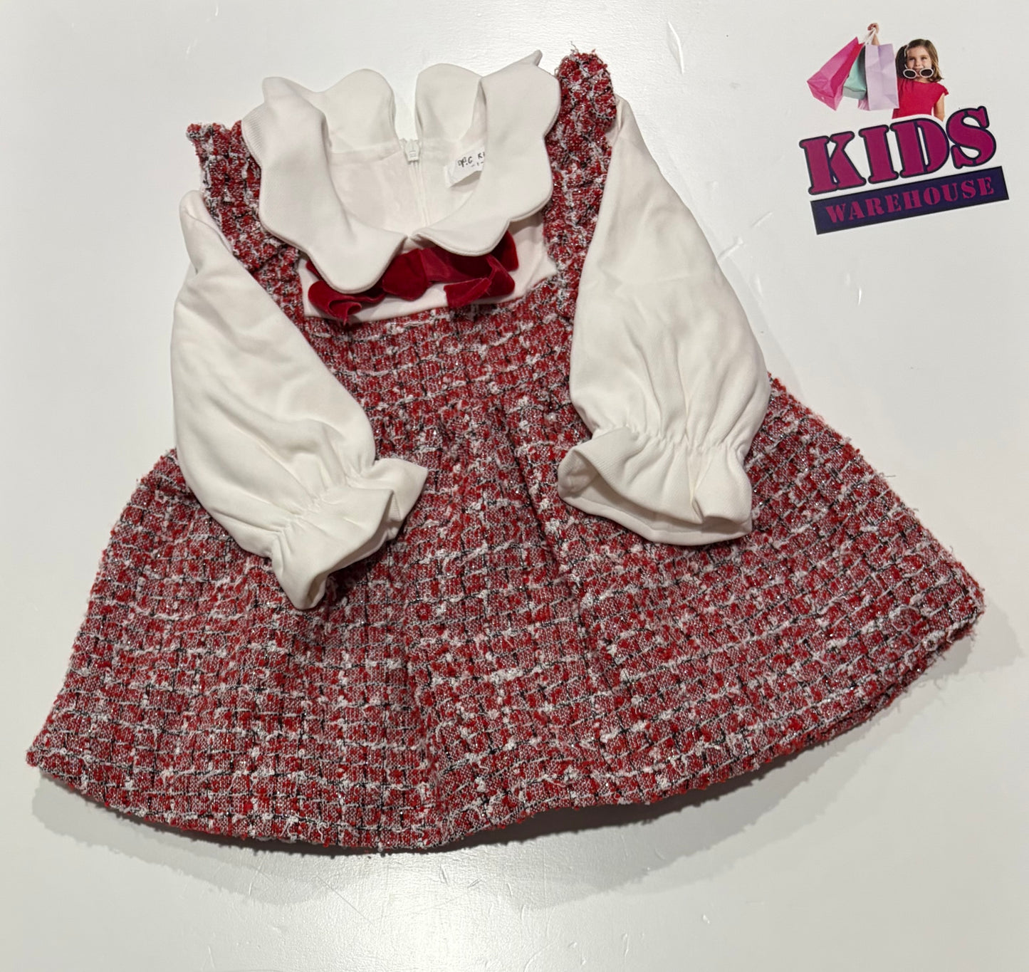 T.C Kids Red, White Winter Fleece Lined Dress Size 1