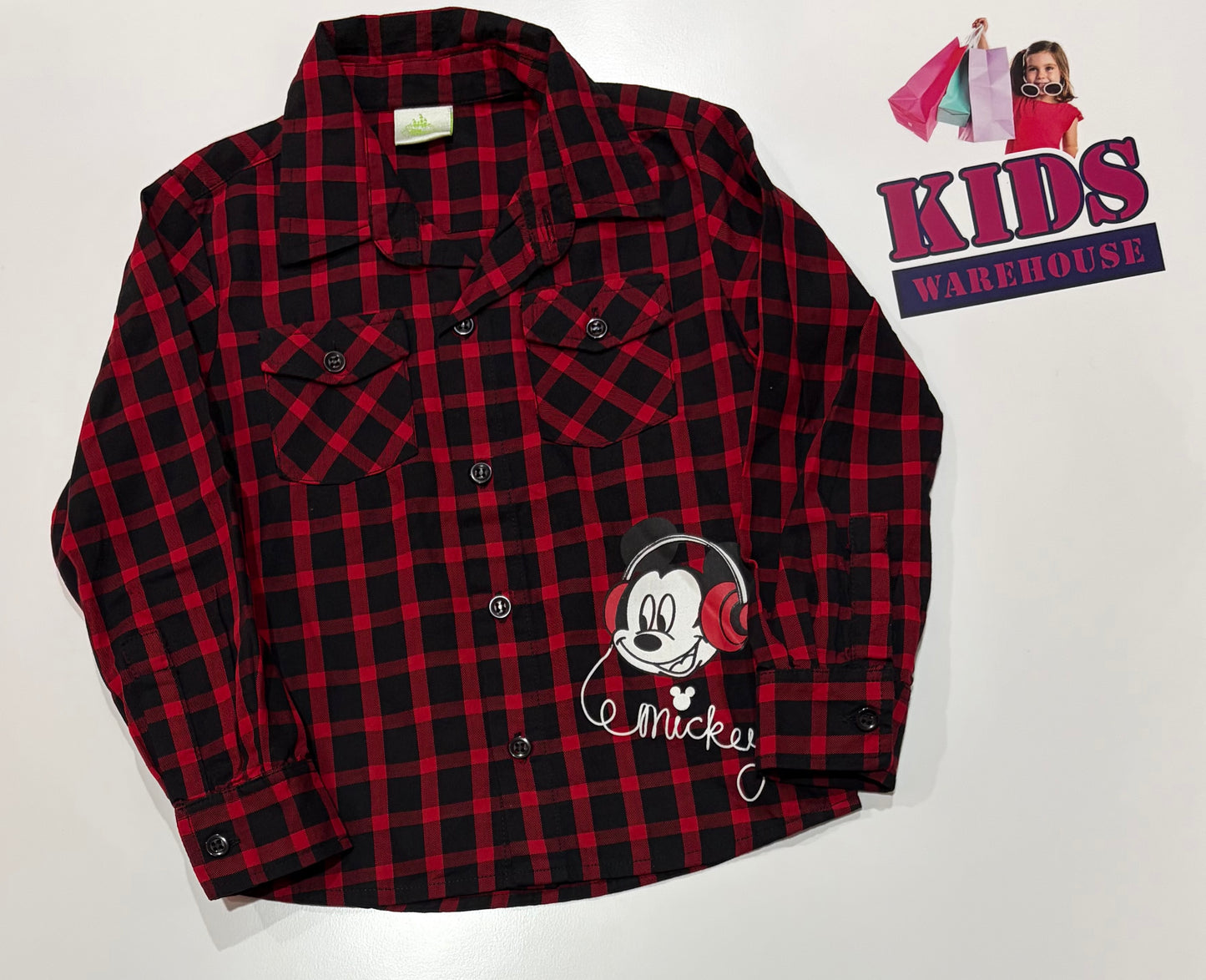 Disney Red, Black Check Mickey Mouse Print Long Sleeve Top Size 4