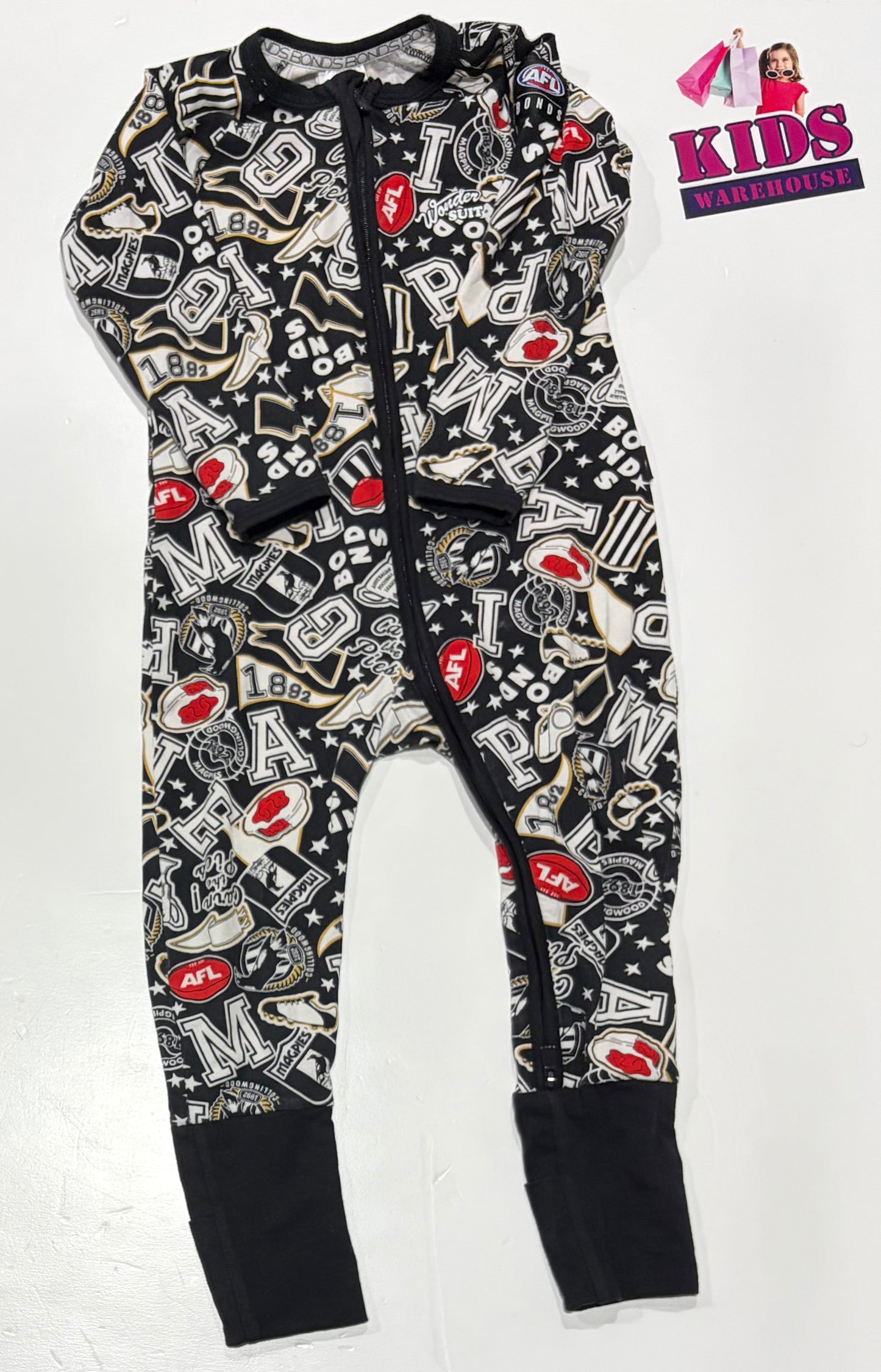 Bonds X AFL Wondersuit Collingwood Theme Jumpsuit Size 2