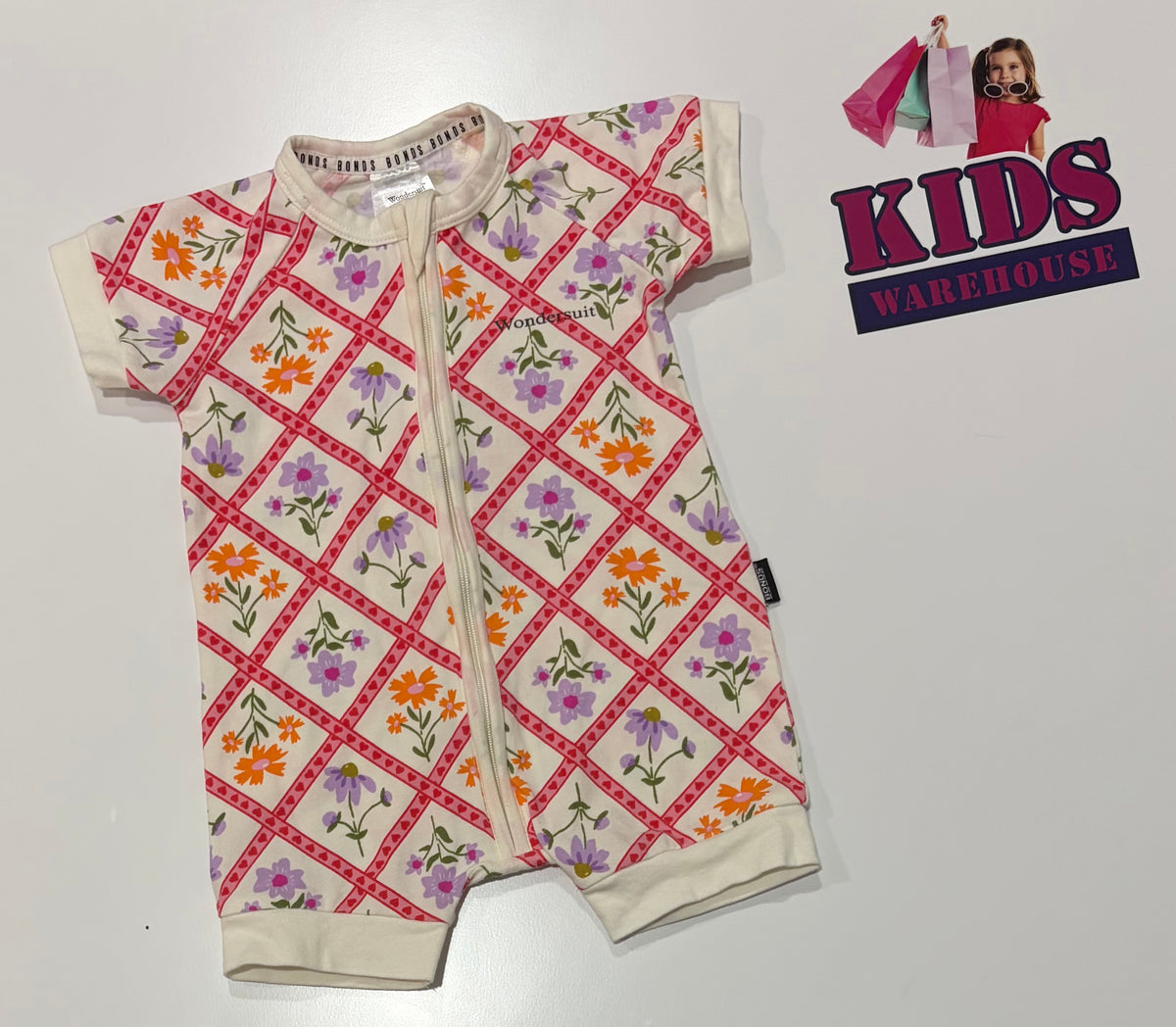 Bonds White, Floral, Red Heart Pattern Print Wondersuit Size 00