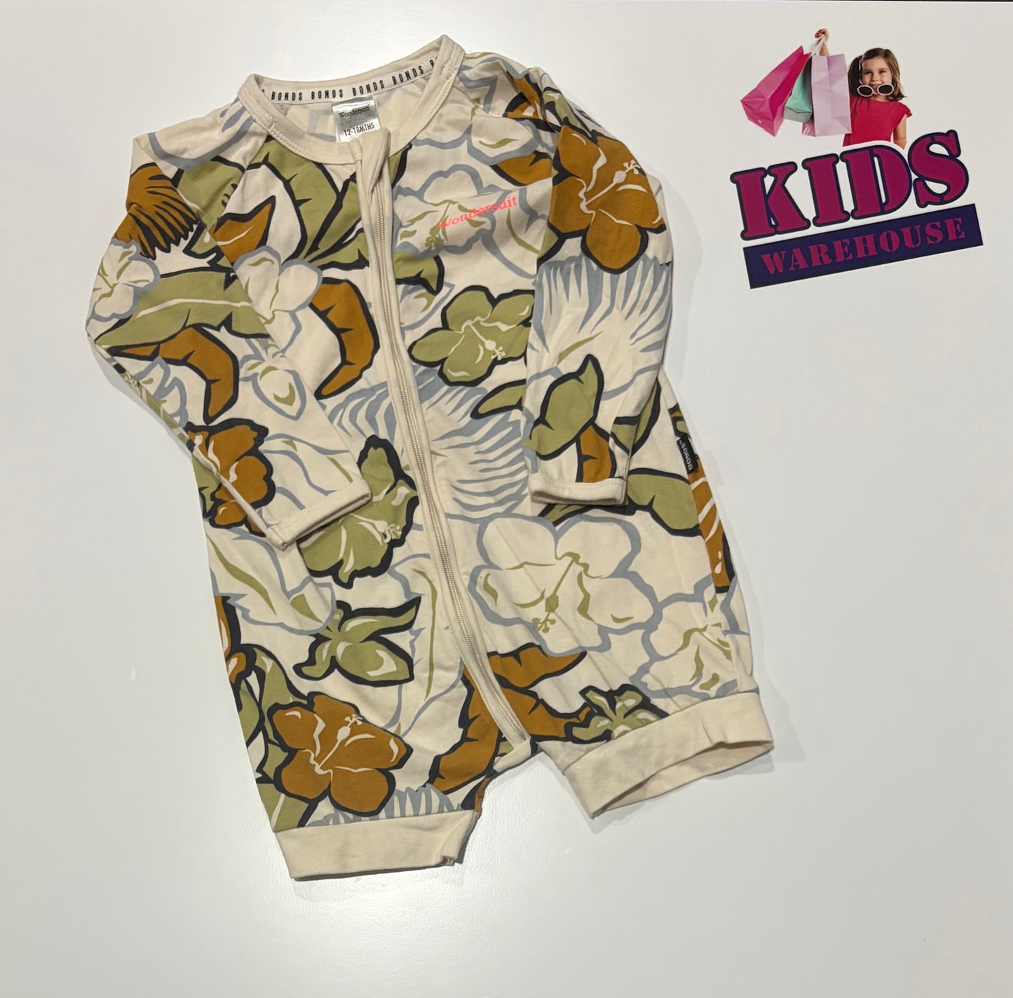 Bonds Cream, Floral Print Wondersuit Size 1