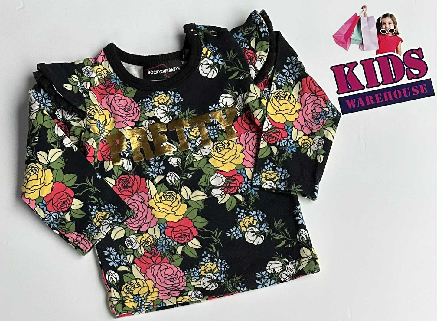 Rock Your Baby Black, Floral, Gold Pretty Print Top Size 00