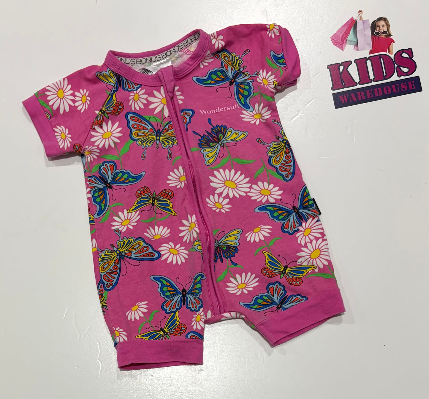Bonds Wondersuit Pink, Butterfly Print Jumpsuit Size 00