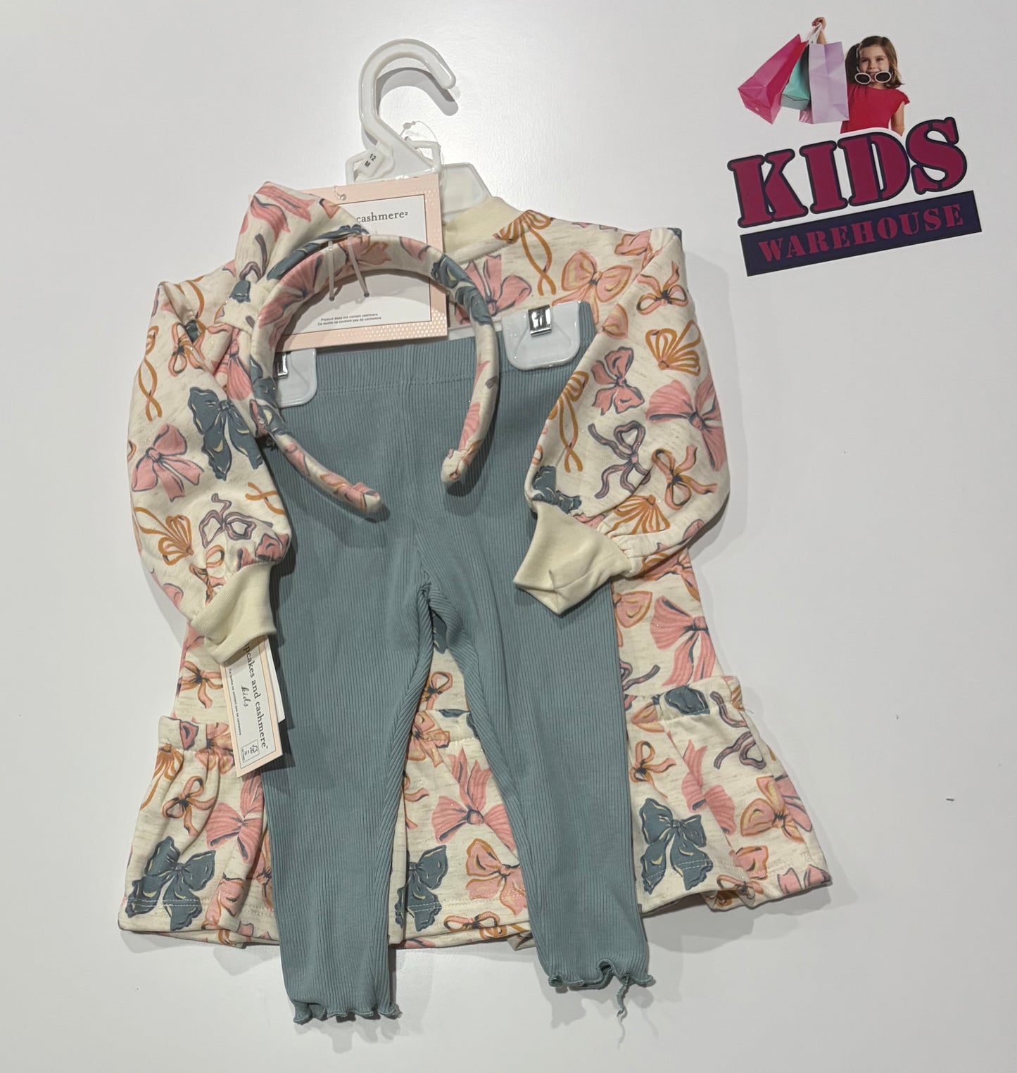 Cupcakes And Cashmere White, Pink Bow Print Dress & Headband, Mint Pants 3 Piece Set Size 1