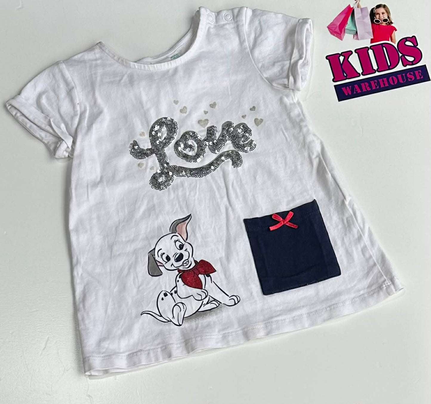 Disney Baby White Top With Dog & “Love” Print Size 2