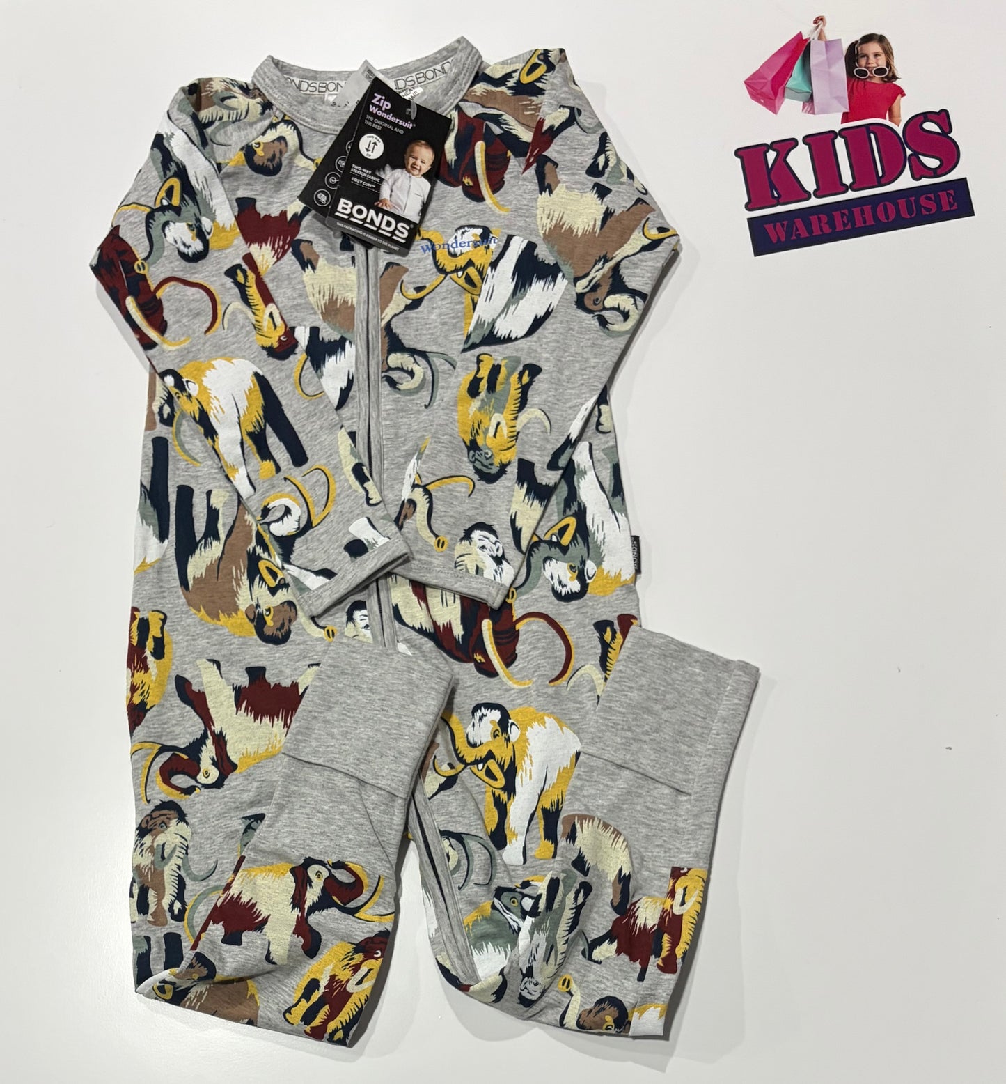Not Used Bonds Wondersuit Grey, Wooly Mammoth Print Jumpsuit Size 3