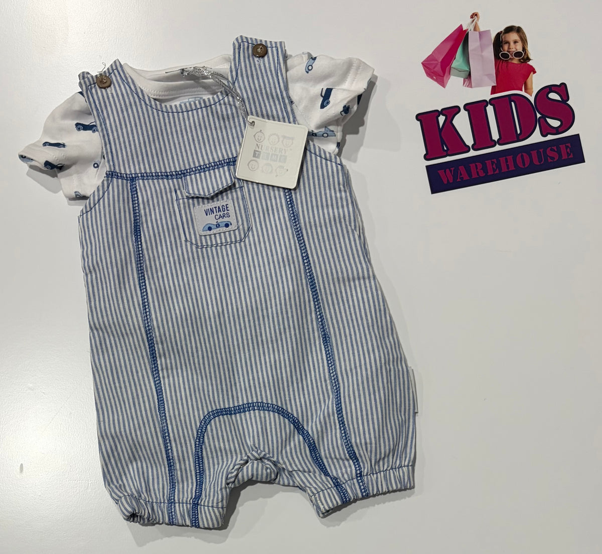Not Used Nursery Time White, Blue Car Print Top & Striped Overalls 2 Piece Set Size 000