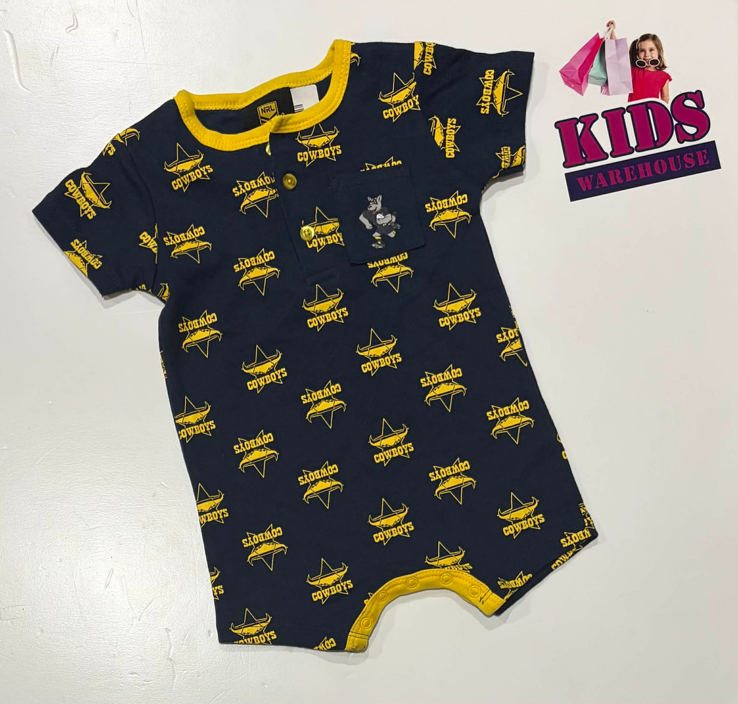 NRL Dark Blue & Yellow Bodysuit With “Cowboys” Pattern Size 00