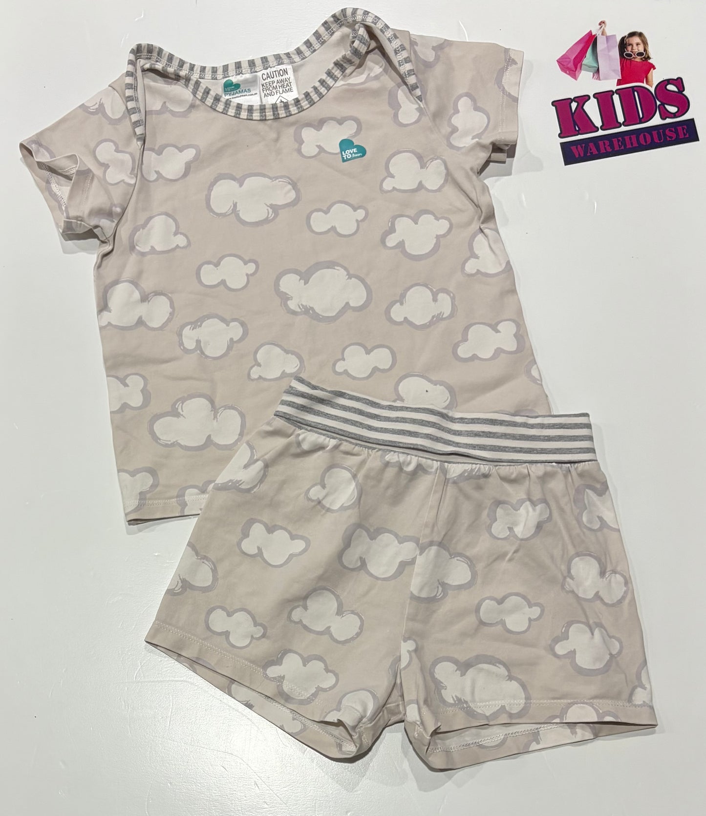 Love To Dream Grey, Cloud Print 2 Piece Pyjama Set Size 4