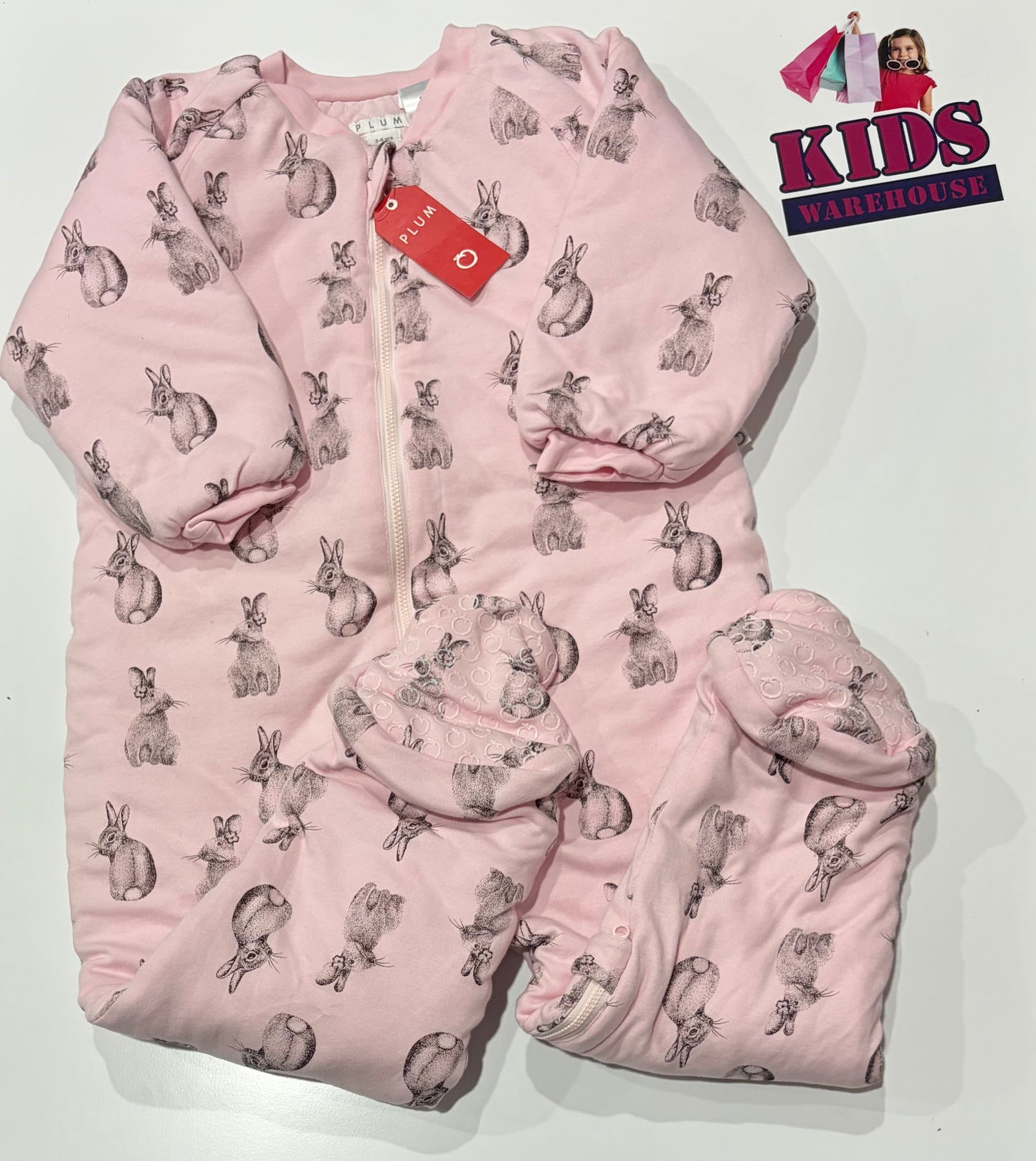 Not Used Plumo Pink, Grey Bunny Print Thick Onesie Size 3