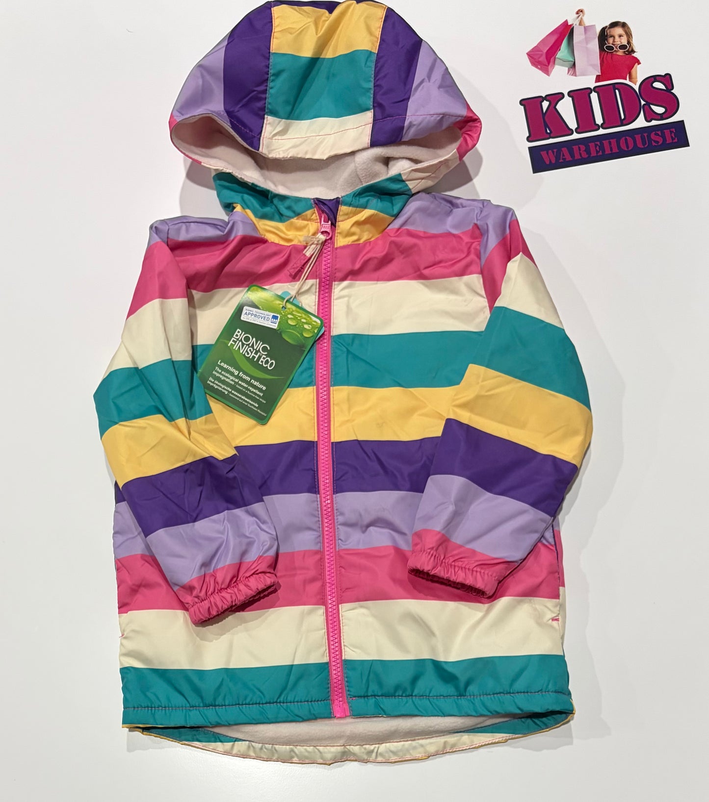 Not Used Higgledee Pink, Yellow, Green Stripe Rain Jacket Size 4