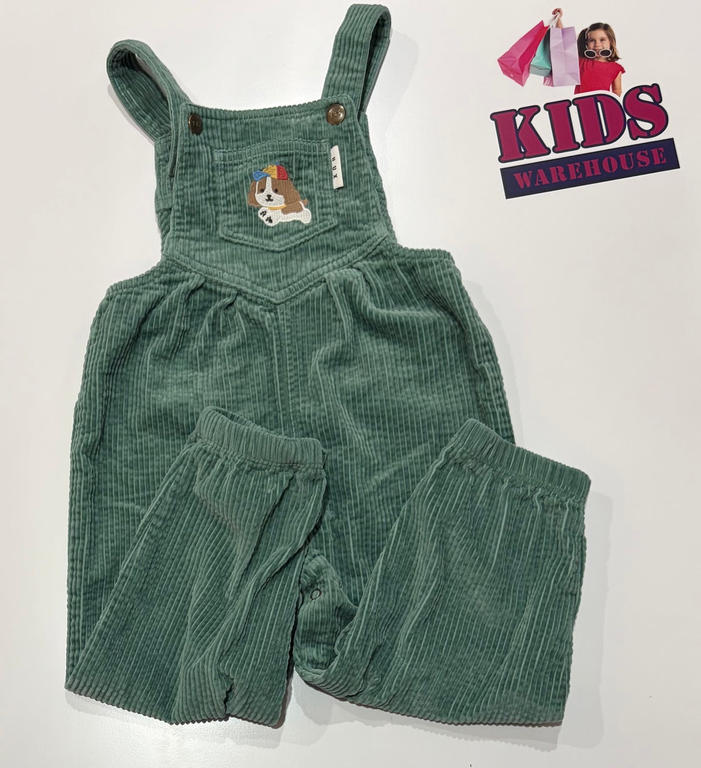 Hux Green Corduroy, Dog Print Overalls Size 3
