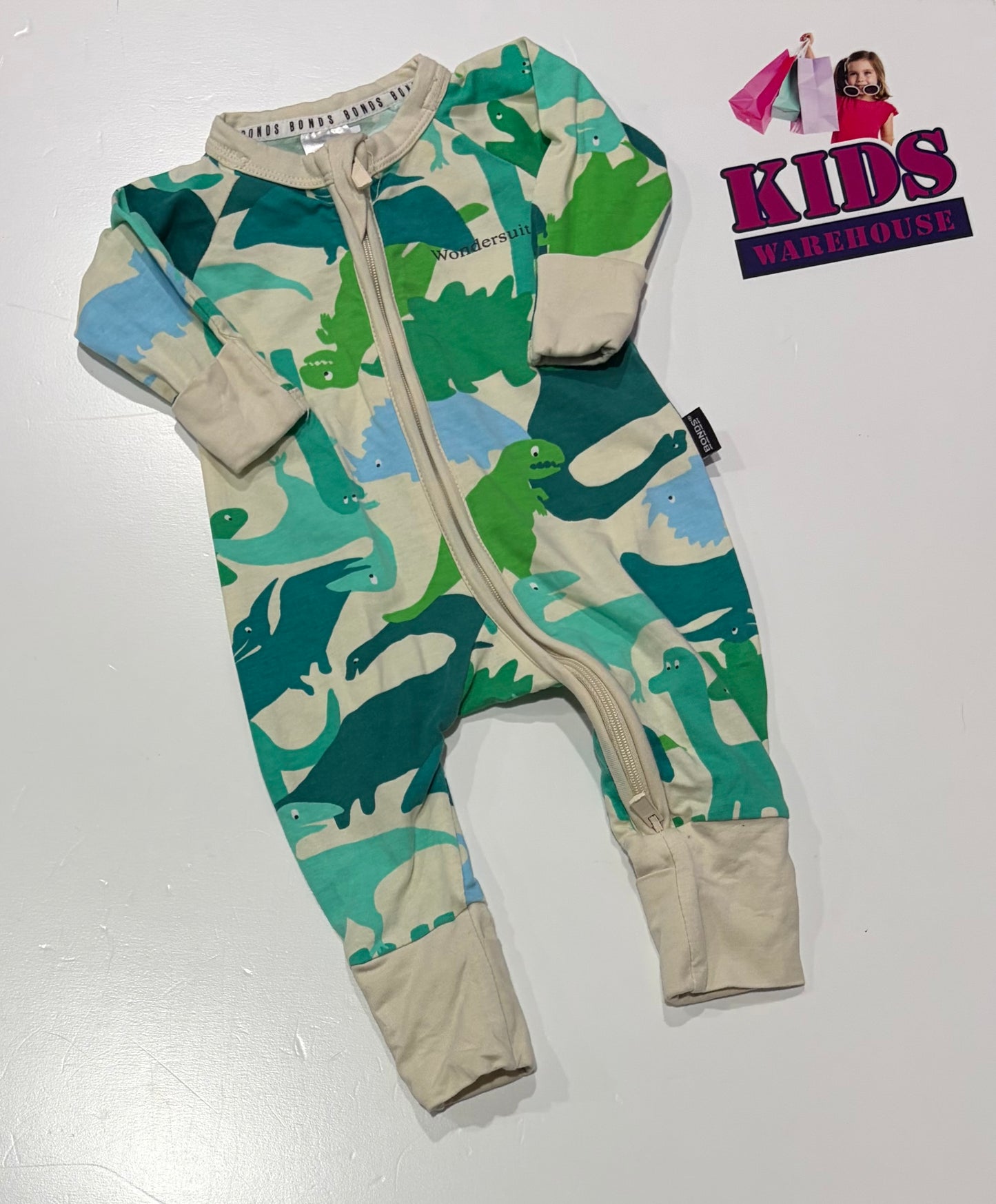 Bonds Wondersuit Cream, Green Dinosaur Print Jumpsuit Size 0000