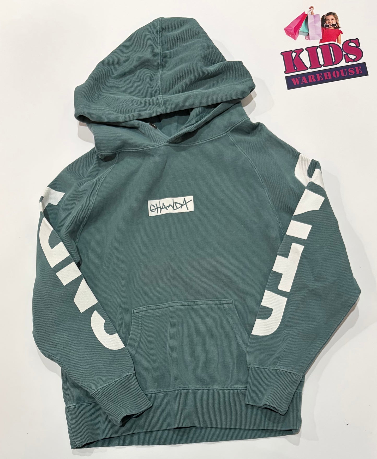 Ghanda Green, White Logo Print Hoodie Size 7