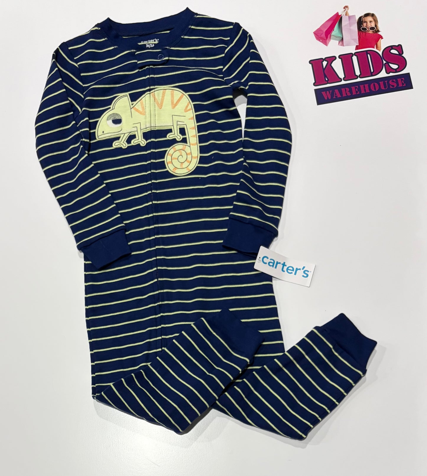 Carters Navy, Green Stripe, Chameleon Print Jumpsuit Size 3