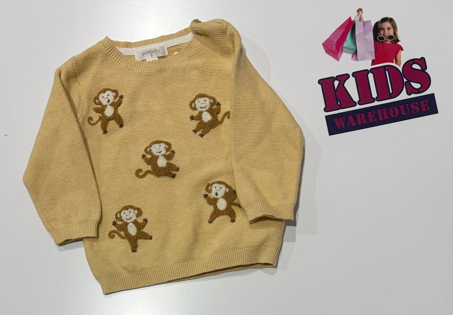 Purebaby Yellow, Monkey Print Sweater Size 0