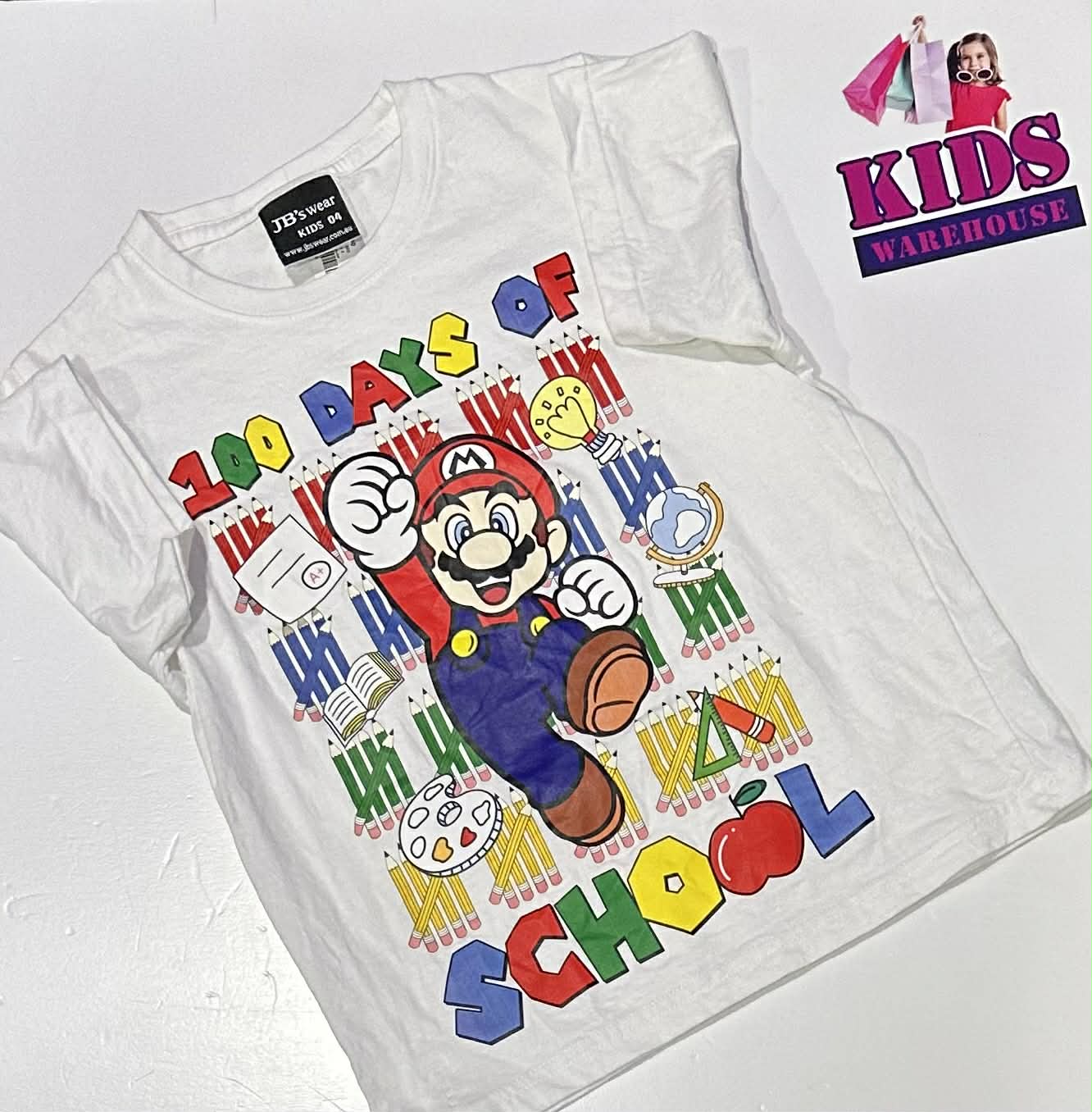 JB’s Wears Kids White Top With Mario Print Size 4