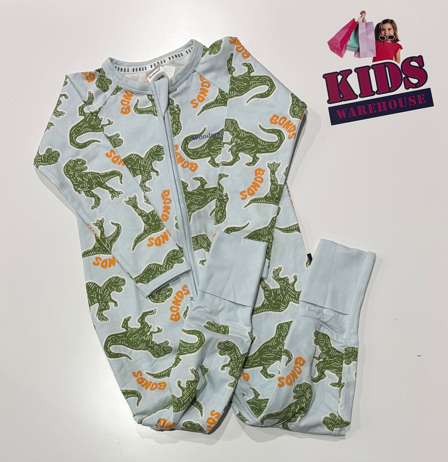Bonds Wondersuit Blue, Green T-Rex Print Jumpsuit Size 2