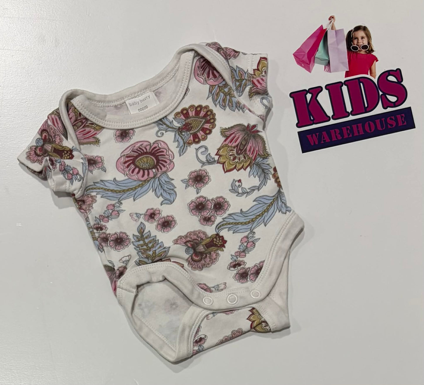 Premmie Baby Berry White Bodysuit With Pink Flower Pattern Size 00000