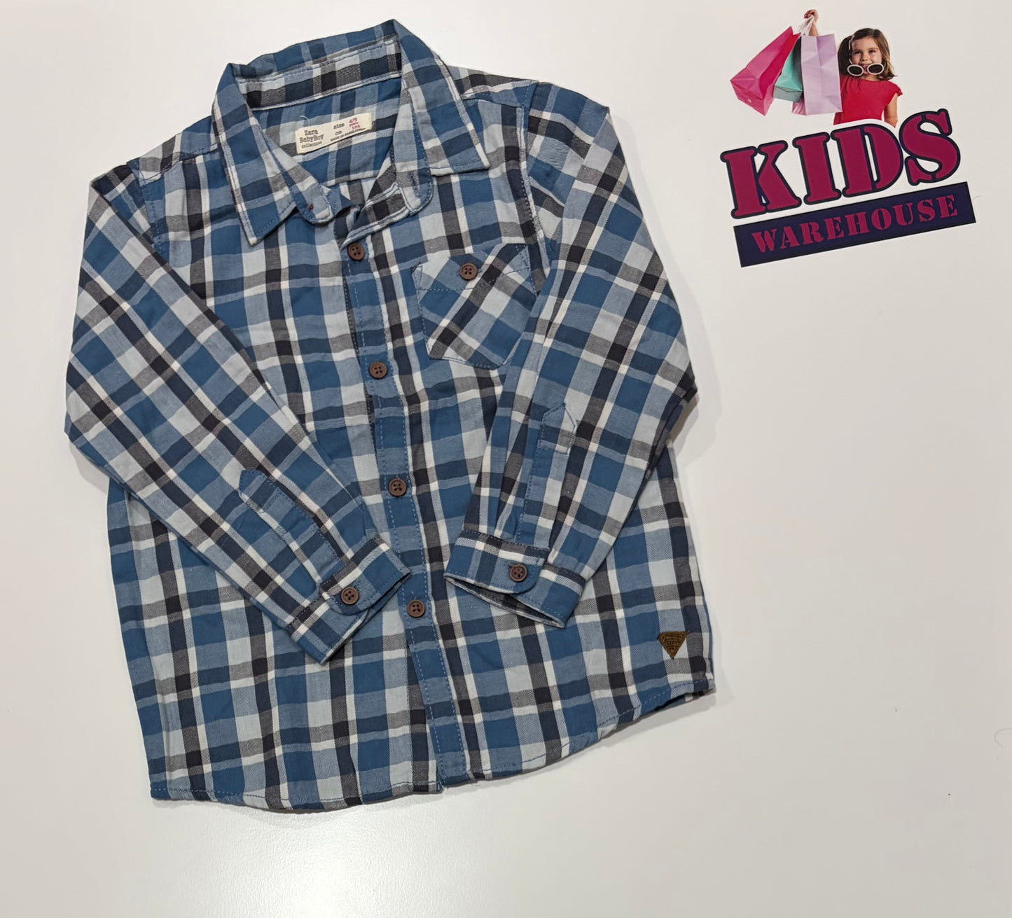 Zara Baby Boy Blue, White, Grey Check Print Long Sleeve Top Size 4