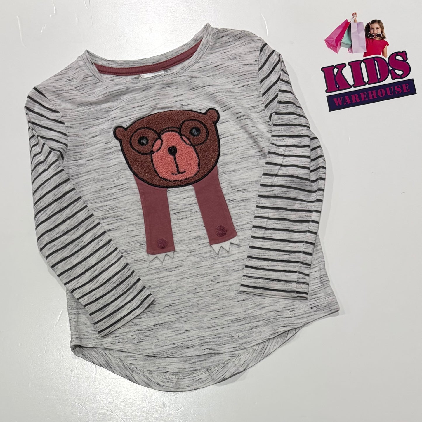 Grey, Black Stripe, Bear Print Top Size 3
