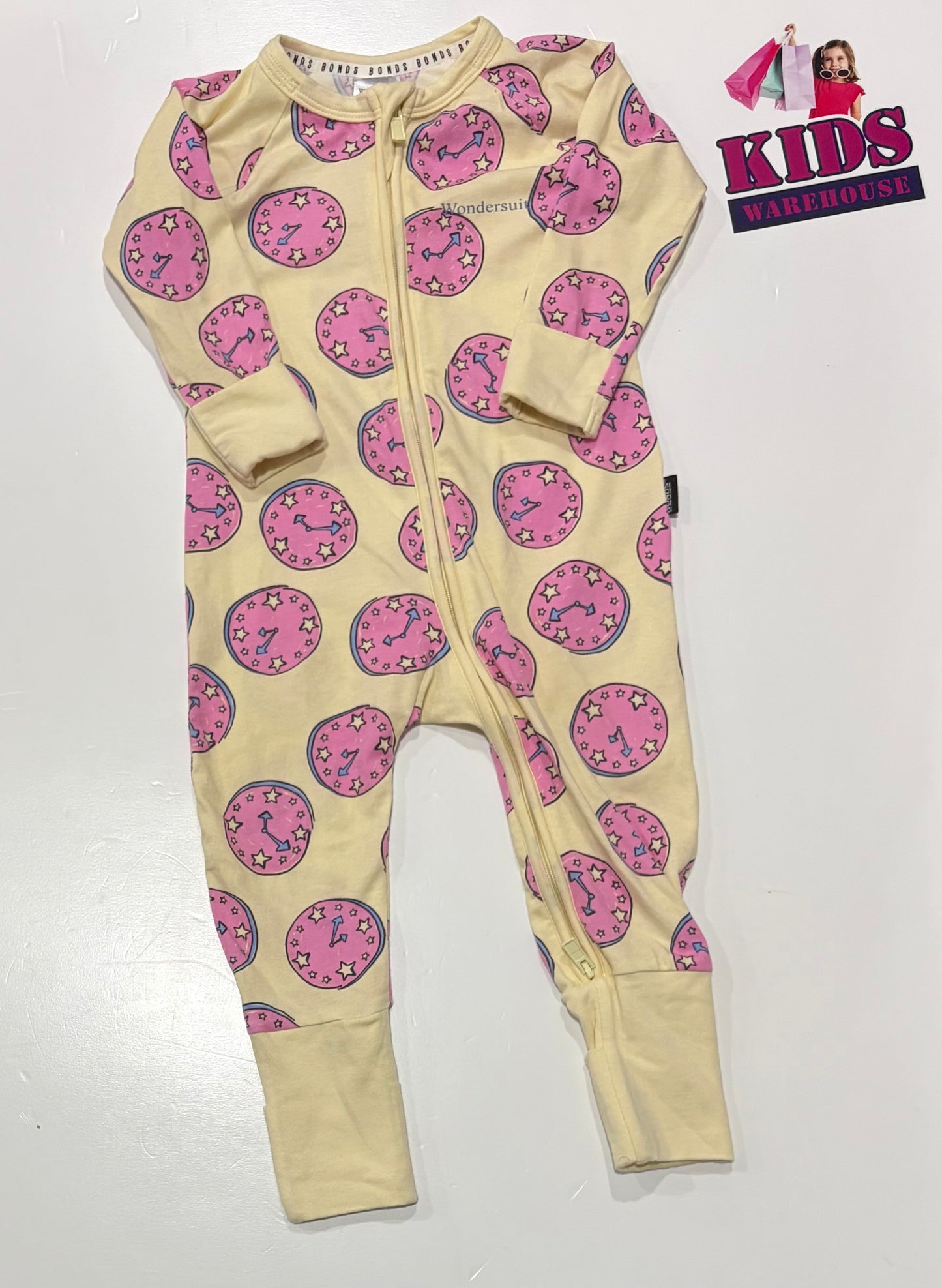 Bonds Wondersuit Yellow, Pink Clock Print Jumpsuit Size 0