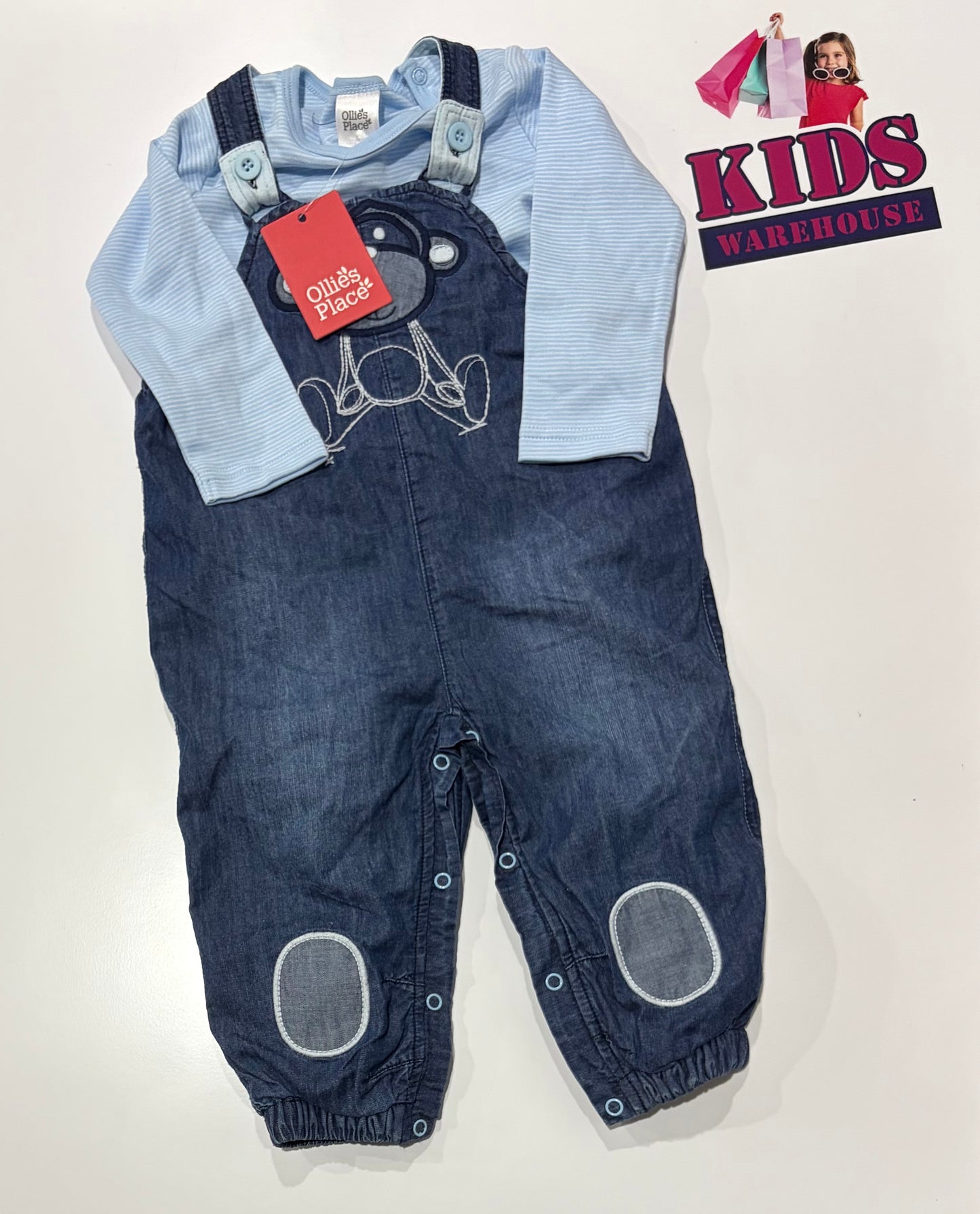 Not Used Ollie's Place Blue Shirt & Monkey Print Soft Denim Overalls Size 1